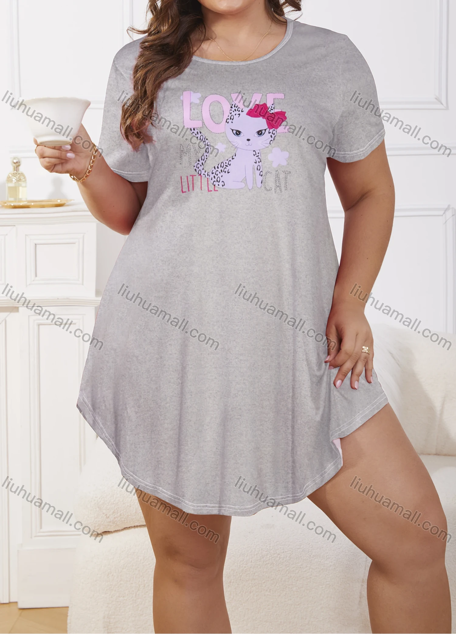 Wholesale Women's Milk Silk Cartoon Letter Print Short Sleeve Crew Neck Curved Hem Lounge Short Nightdress DM1303-07# - Liuhuamall