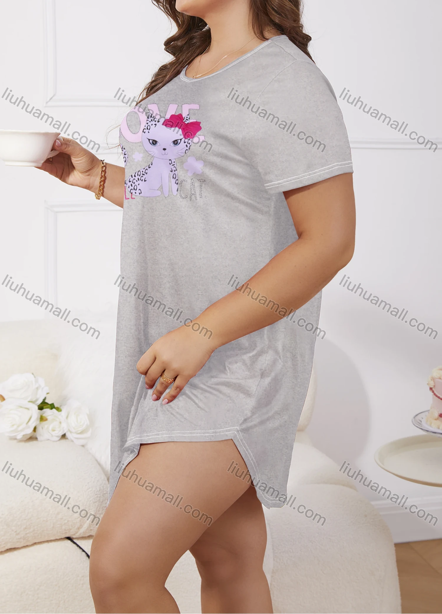 Wholesale Women's Milk Silk Cartoon Letter Print Short Sleeve Crew Neck Curved Hem Lounge Short Nightdress DM1303-07# - Liuhuamall