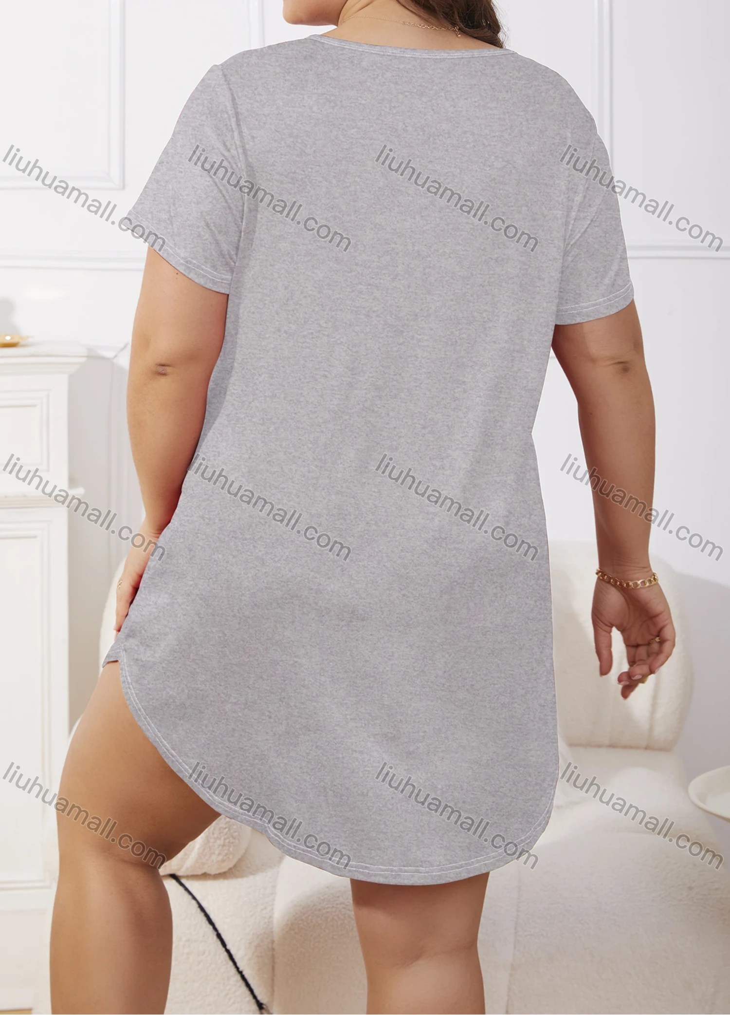 Wholesale Women's Milk Silk Cartoon Letter Print Short Sleeve Crew Neck Curved Hem Lounge Short Nightdress DM1303-07# - Liuhuamall