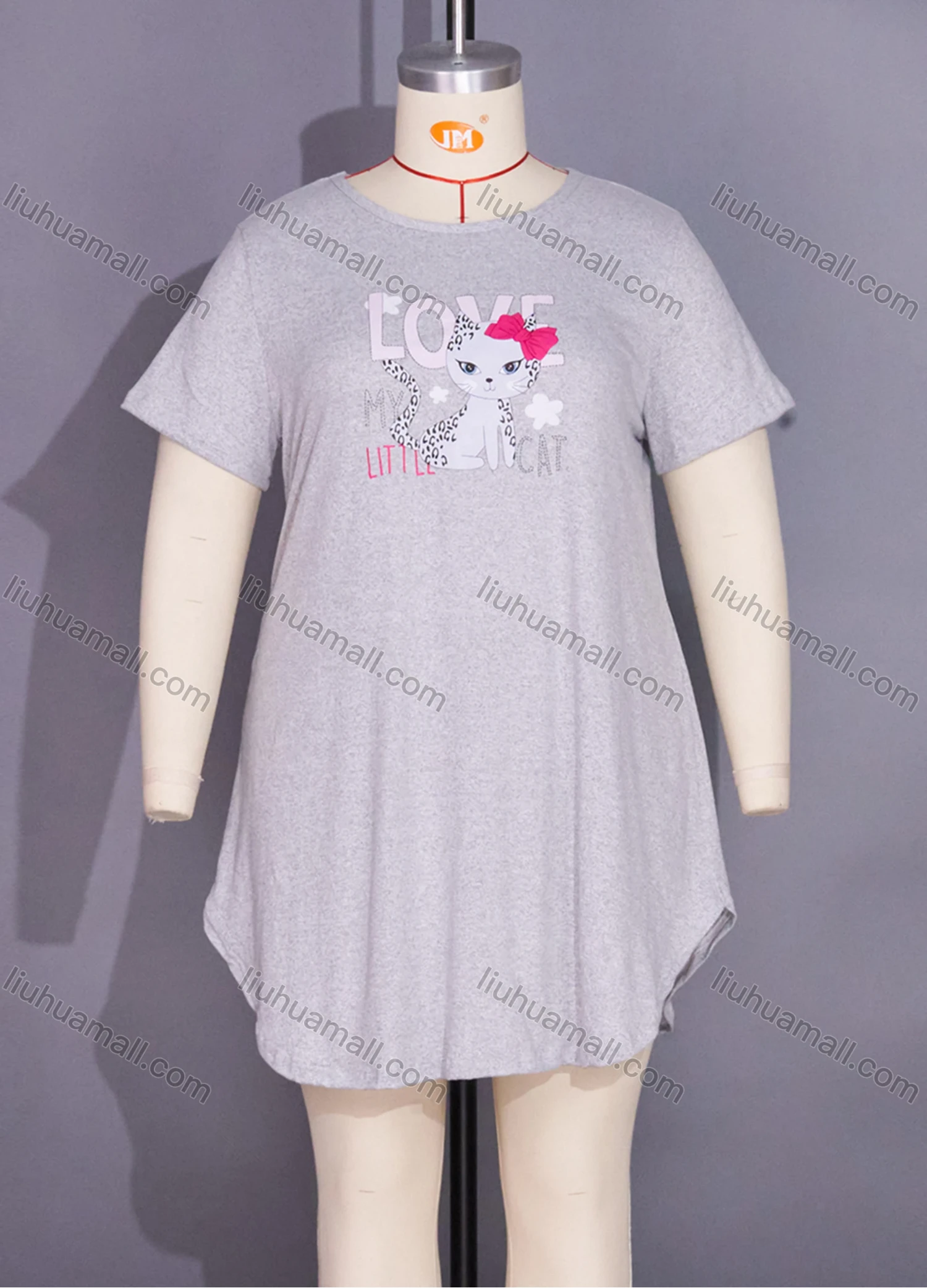 Wholesale Women's Milk Silk Cartoon Letter Print Short Sleeve Crew Neck Curved Hem Lounge Short Nightdress DM1303-07# - Liuhuamall