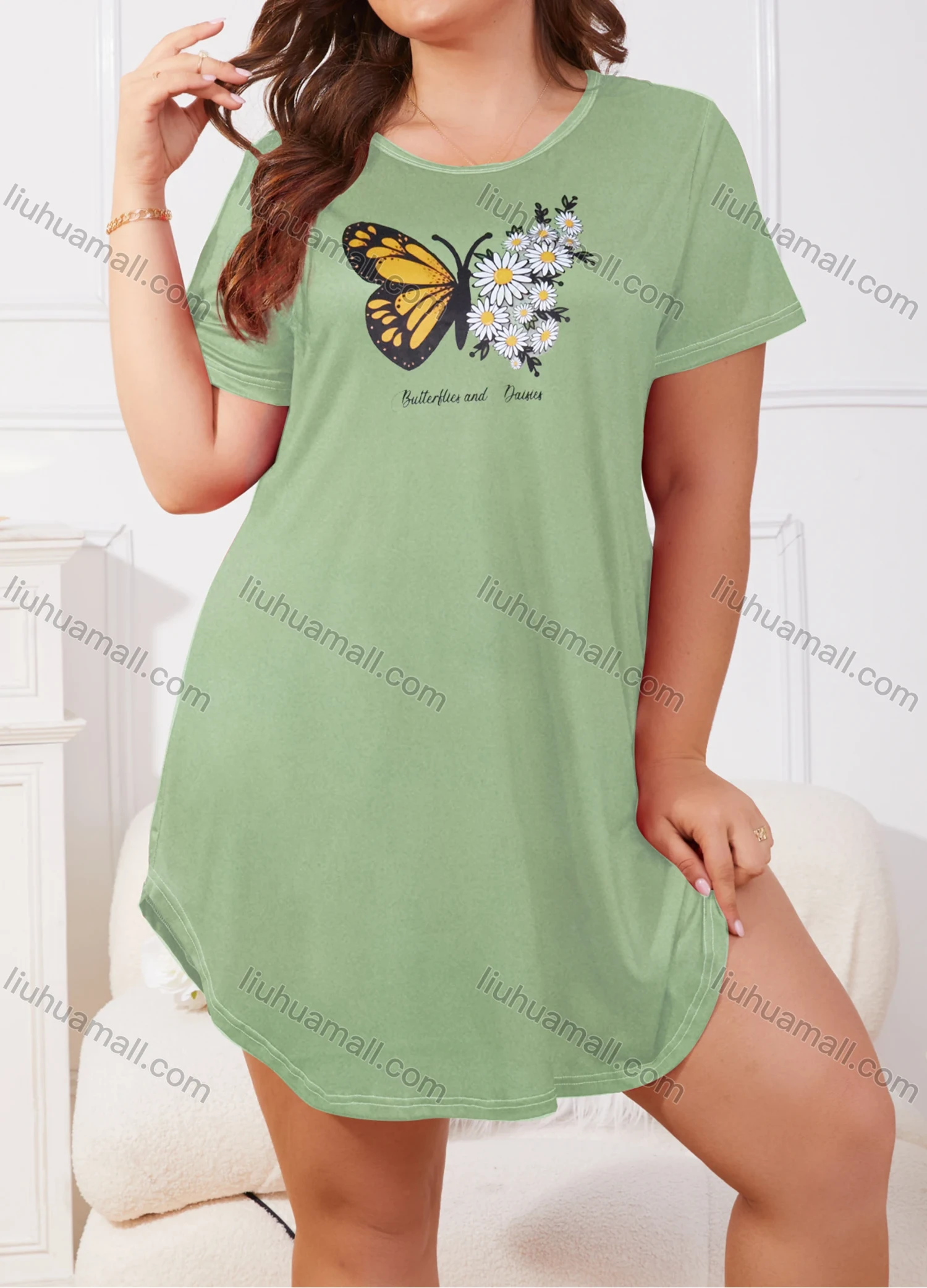 Wholesale Women's Milk Silk Butterfly Floral Letter Print Short Sleeve Crew Neck Curved Hem Lounge Short Nightdress DM1303-08# - Liuhuamall