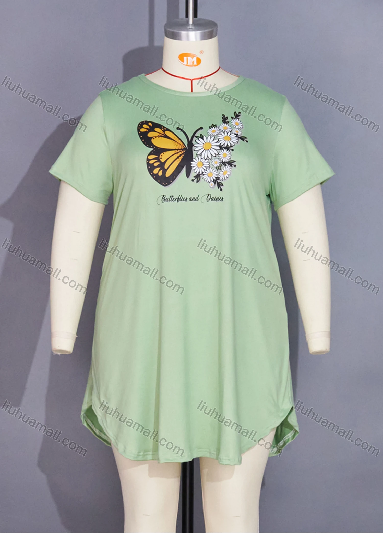 Wholesale Women's Milk Silk Butterfly Floral Letter Print Short Sleeve Crew Neck Curved Hem Lounge Short Nightdress DM1303-08# - Liuhuamall