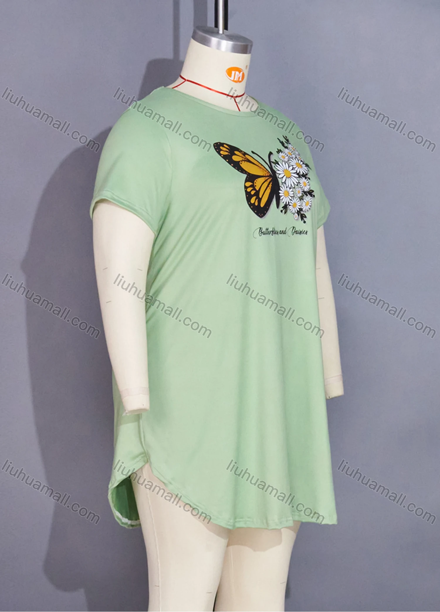 Wholesale Women's Milk Silk Butterfly Floral Letter Print Short Sleeve Crew Neck Curved Hem Lounge Short Nightdress DM1303-08# - Liuhuamall