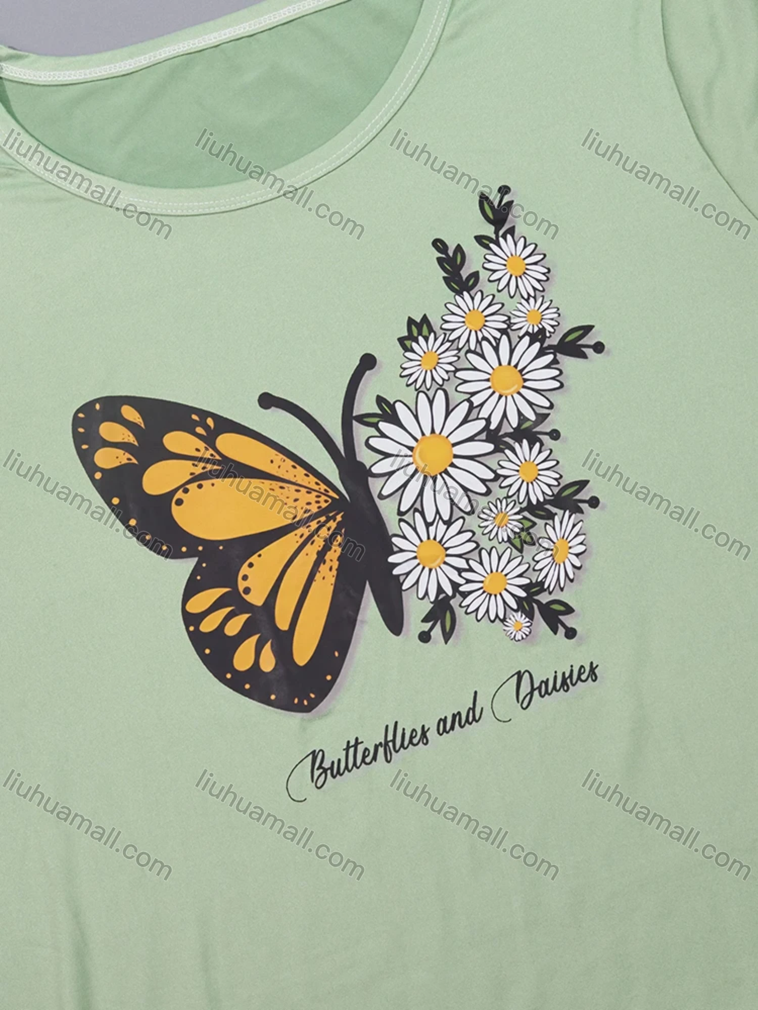 Wholesale Women's Milk Silk Butterfly Floral Letter Print Short Sleeve Crew Neck Curved Hem Lounge Short Nightdress DM1303-08# - Liuhuamall