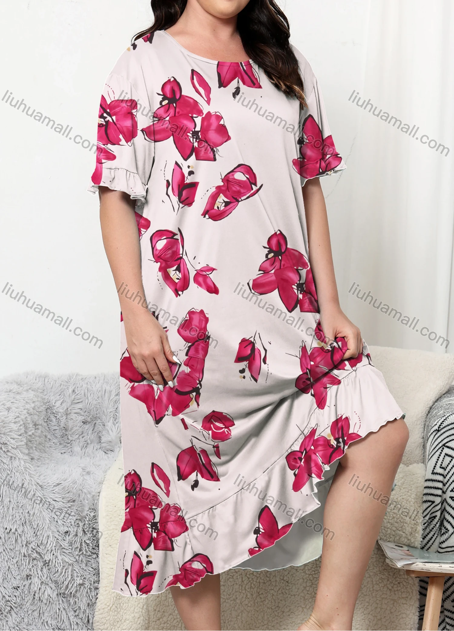 Wholesale Women's Comfy Milk Silk Floral Print Ruffle Trim Short Sleeve Crew Neck Lounge Midi Nightdress DM1301-08# - Liuhuamall