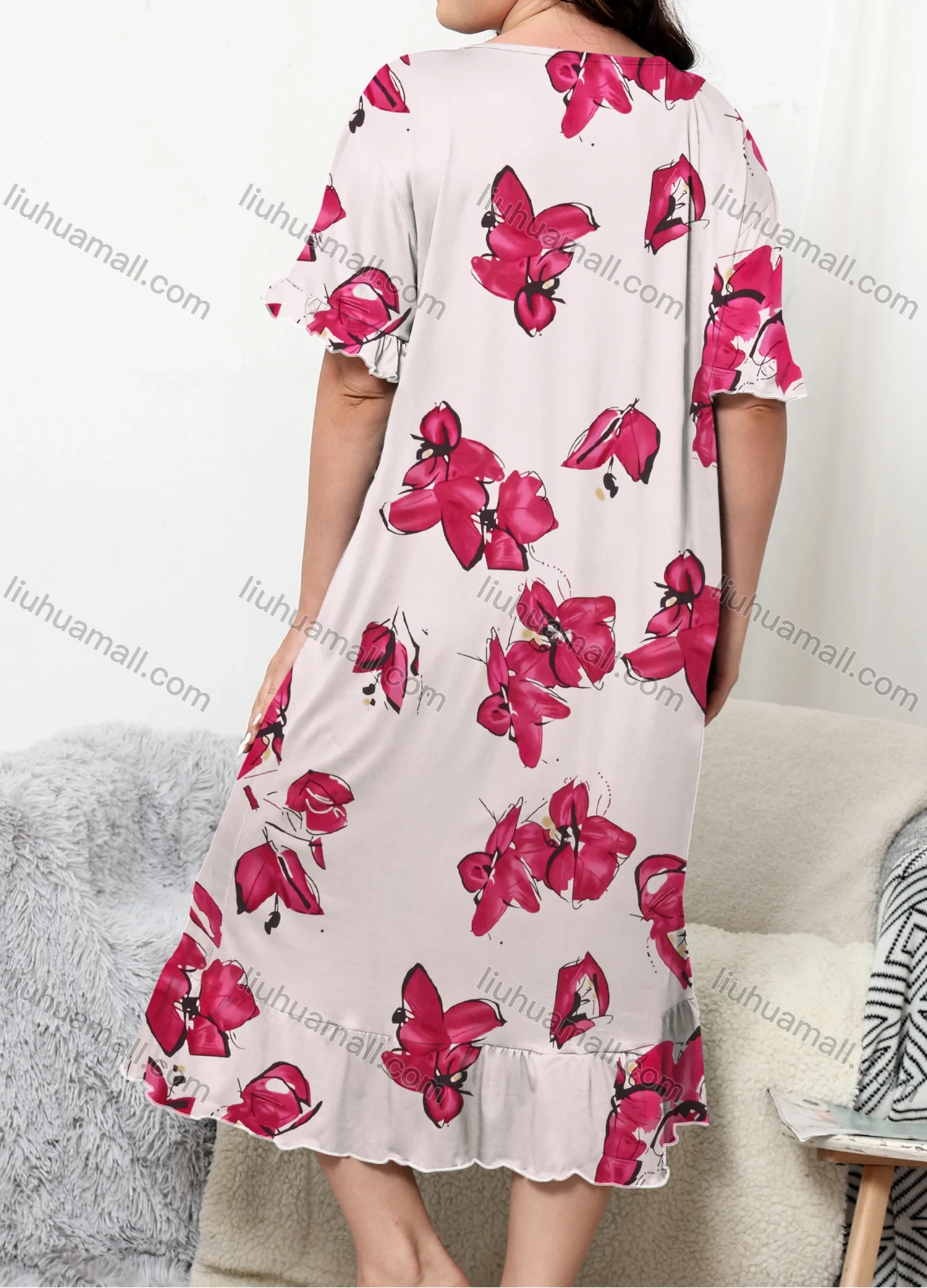 Wholesale Women's Comfy Milk Silk Floral Print Ruffle Trim Short Sleeve Crew Neck Lounge Midi Nightdress DM1301-08# - Liuhuamall