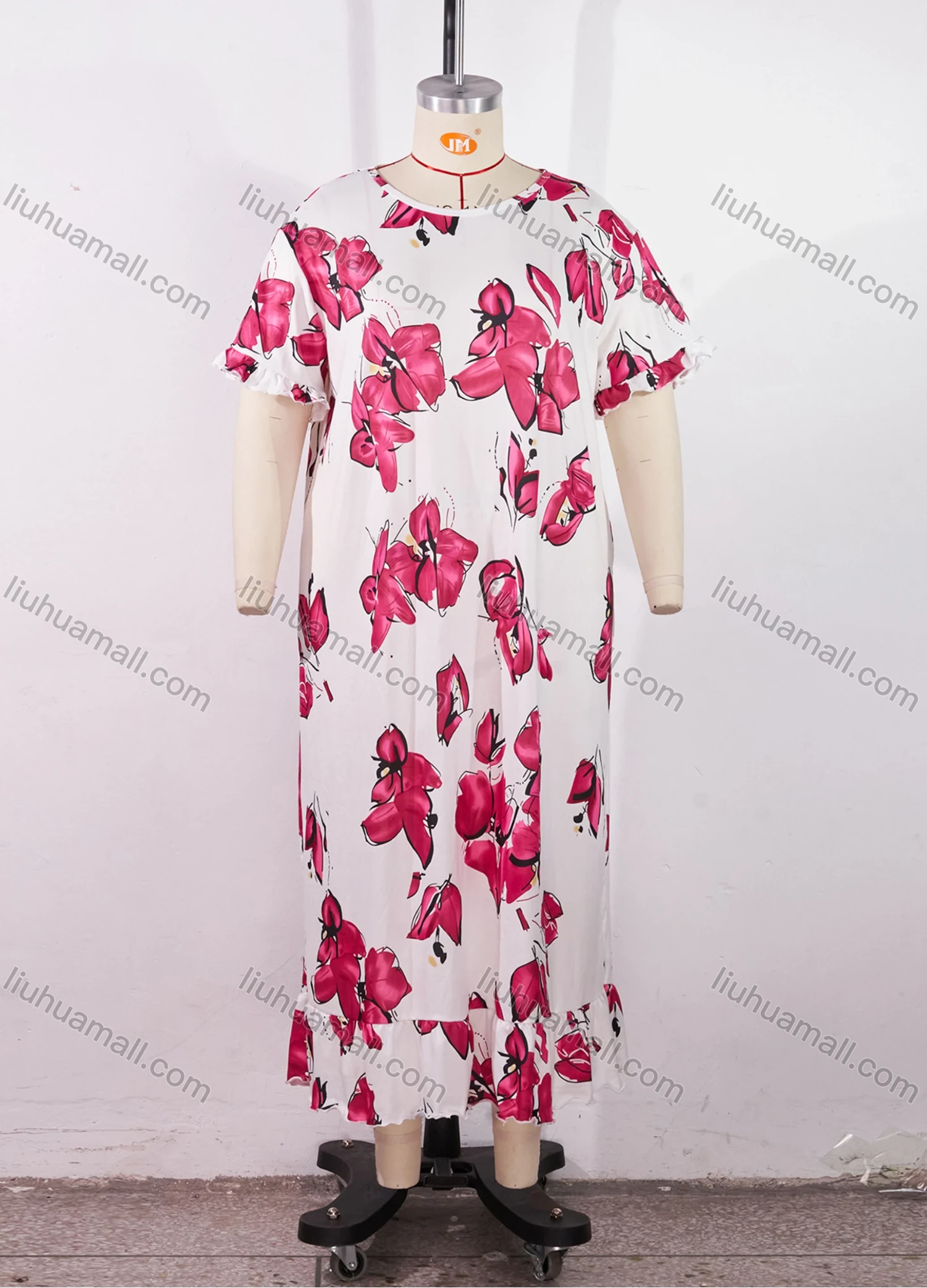 Wholesale Women's Comfy Milk Silk Floral Print Ruffle Trim Short Sleeve Crew Neck Lounge Midi Nightdress DM1301-08# - Liuhuamall