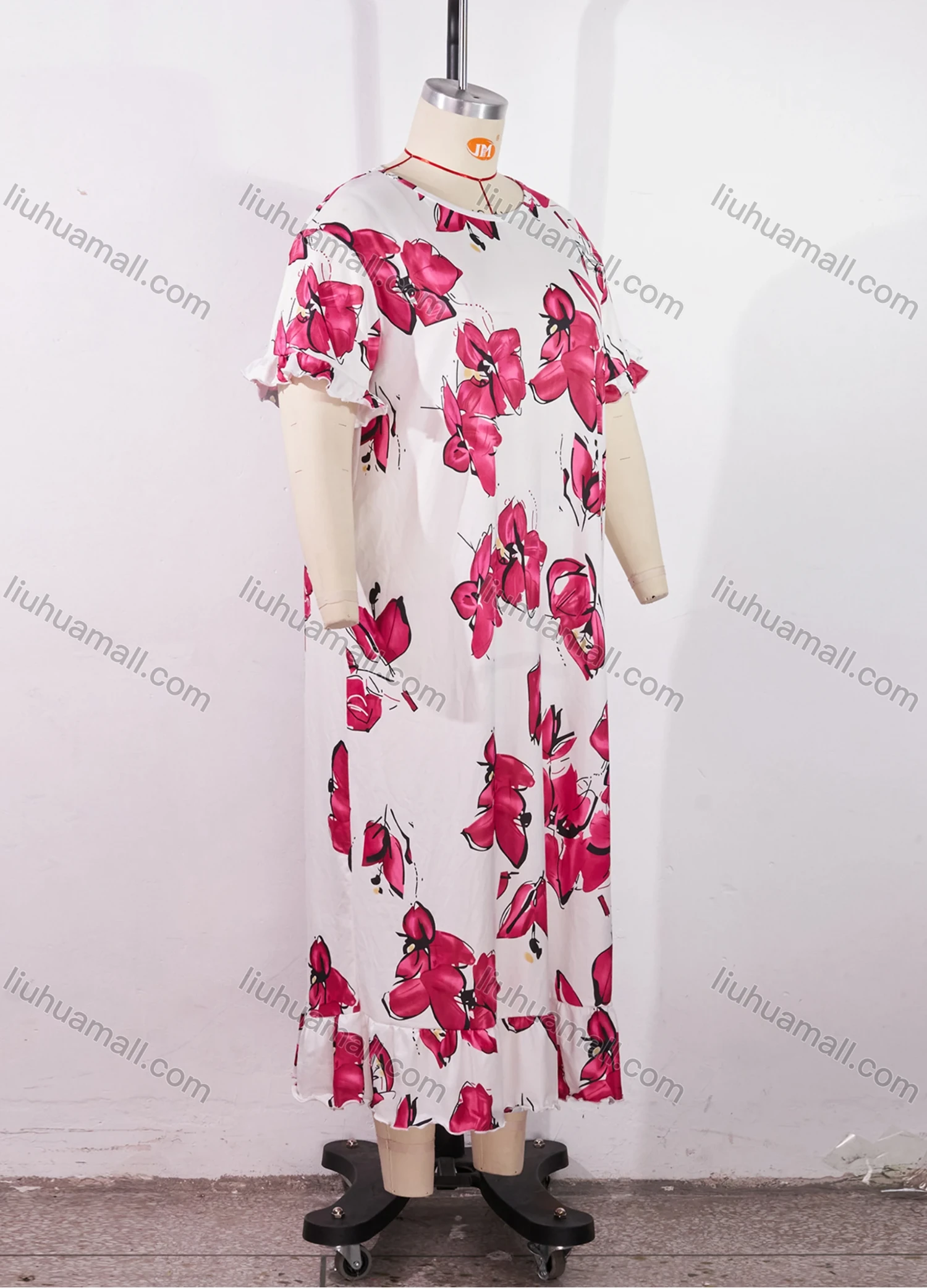 Wholesale Women's Comfy Milk Silk Floral Print Ruffle Trim Short Sleeve Crew Neck Lounge Midi Nightdress DM1301-08# - Liuhuamall