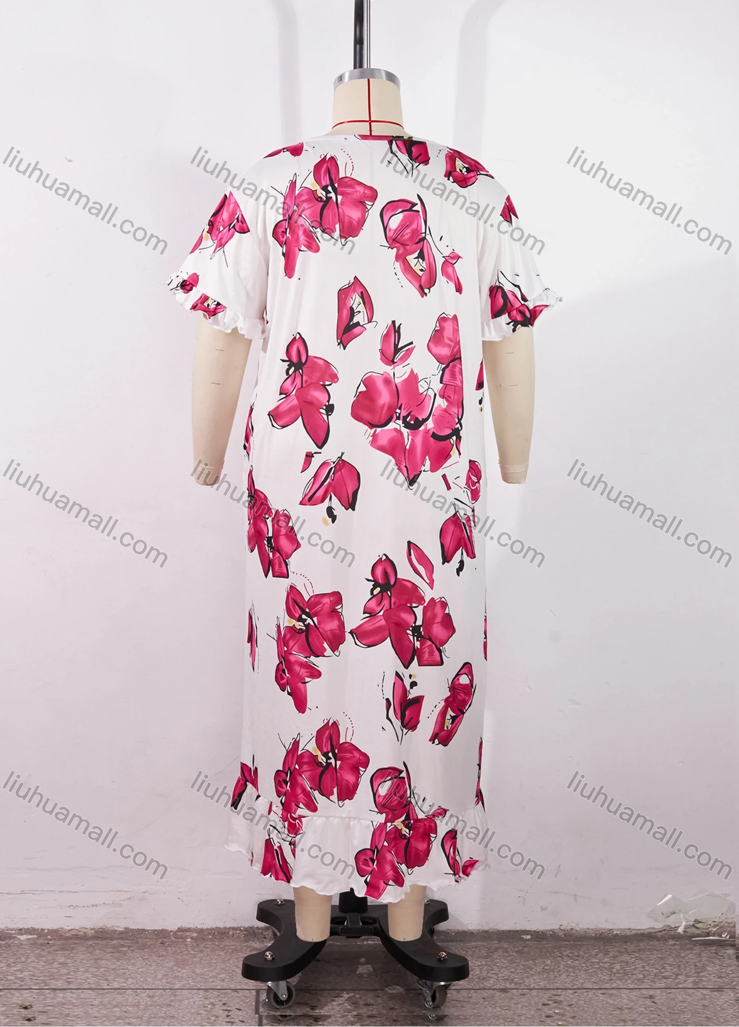 Wholesale Women's Comfy Milk Silk Floral Print Ruffle Trim Short Sleeve Crew Neck Lounge Midi Nightdress DM1301-08# - Liuhuamall