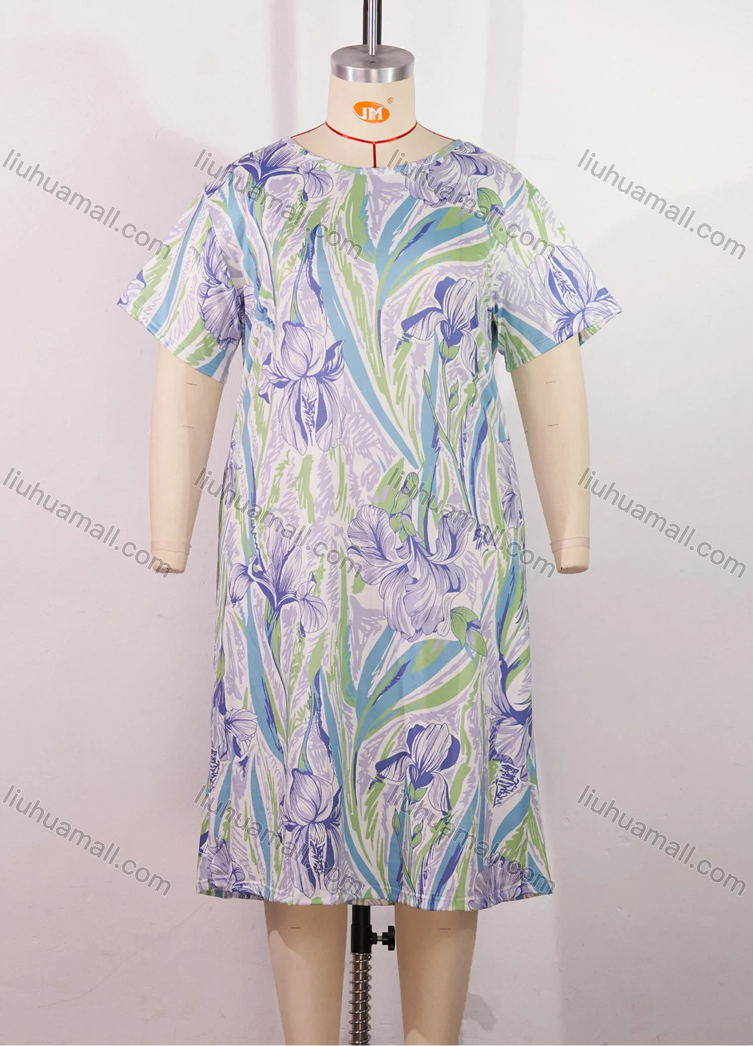 Wholesale Women's Comfy Milk Silk Floral Print Short Sleeve Crew Neck Lounge Midi Nightdress DM1305-18# - Liuhuamall
