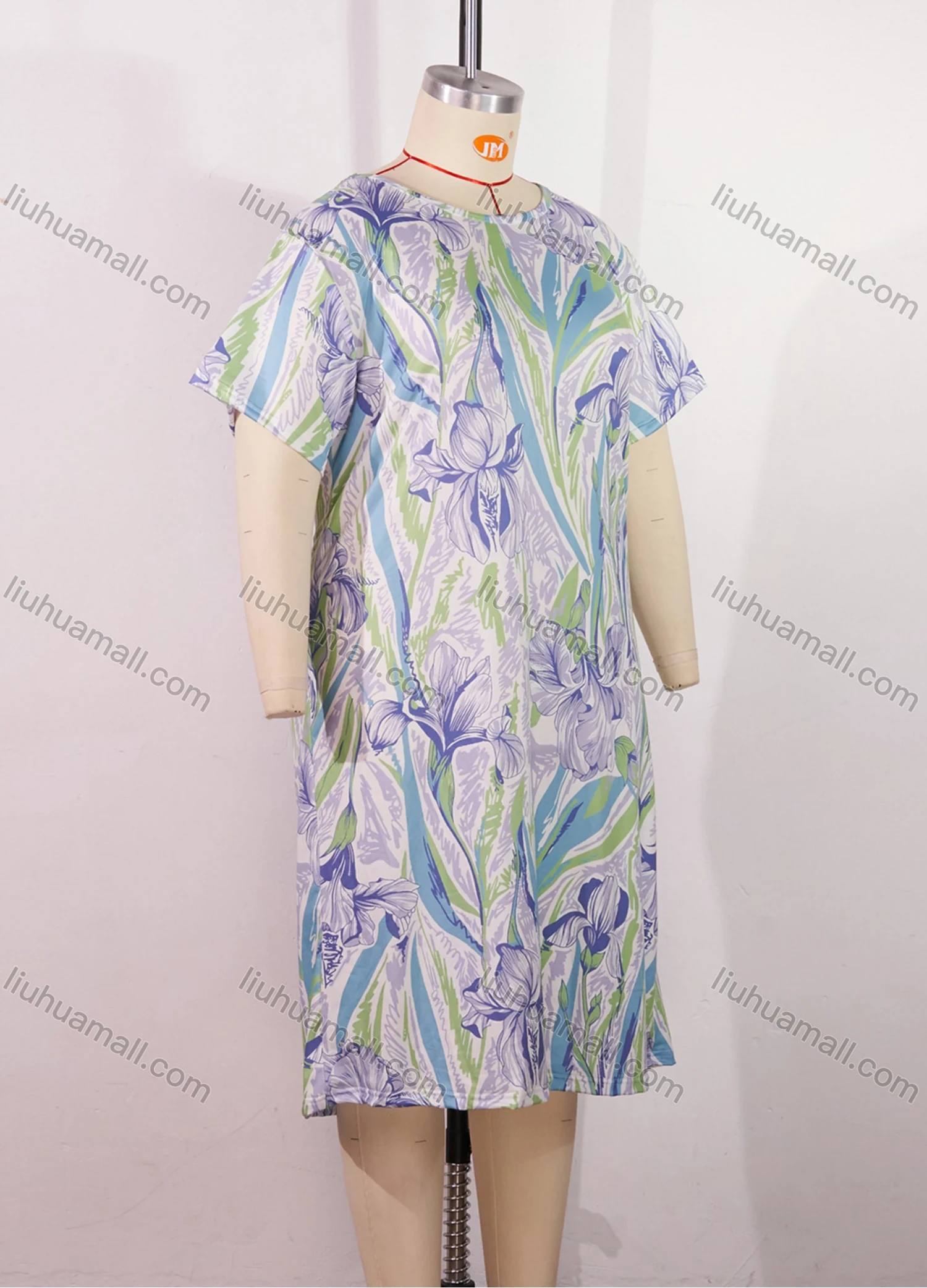 Wholesale Women's Comfy Milk Silk Floral Print Short Sleeve Crew Neck Lounge Midi Nightdress DM1305-18# - Liuhuamall