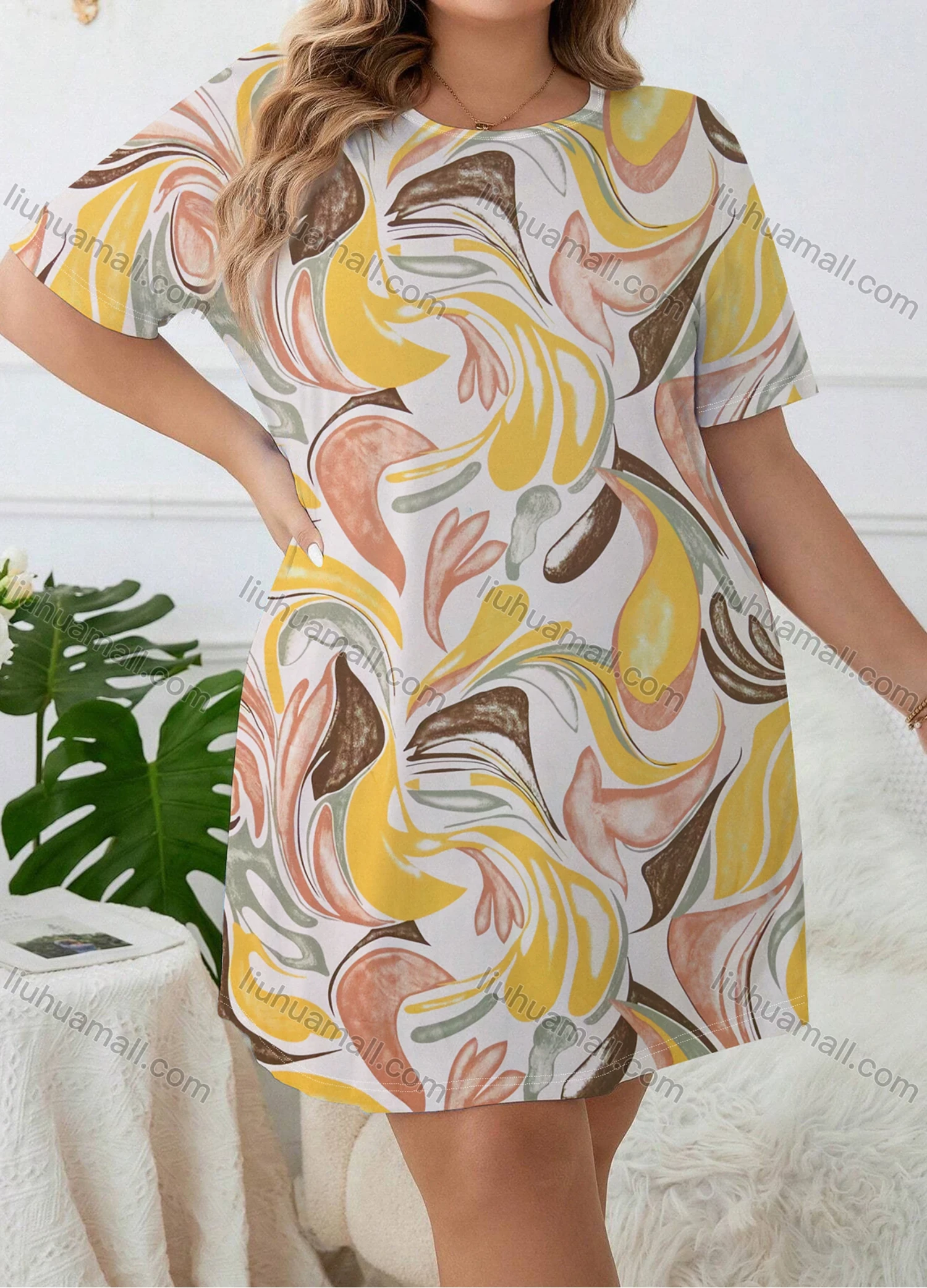 Wholesale Women's Comfy Milk Silk Abstract Print Short Sleeve Crew Neck Lounge Short Nightdress DM1308-07# - Liuhuamall
