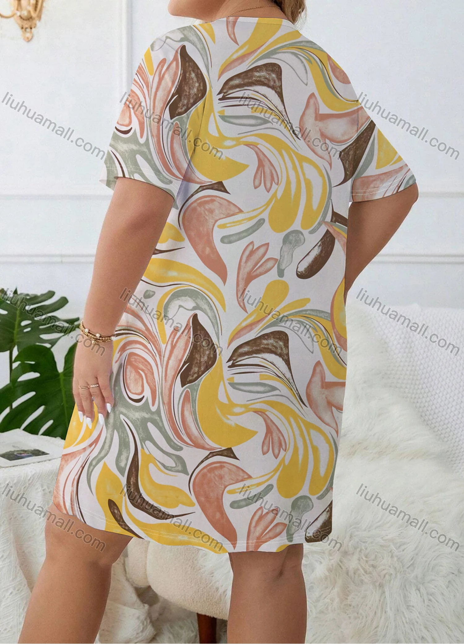 Wholesale Women's Comfy Milk Silk Abstract Print Short Sleeve Crew Neck Lounge Short Nightdress DM1308-07# - Liuhuamall