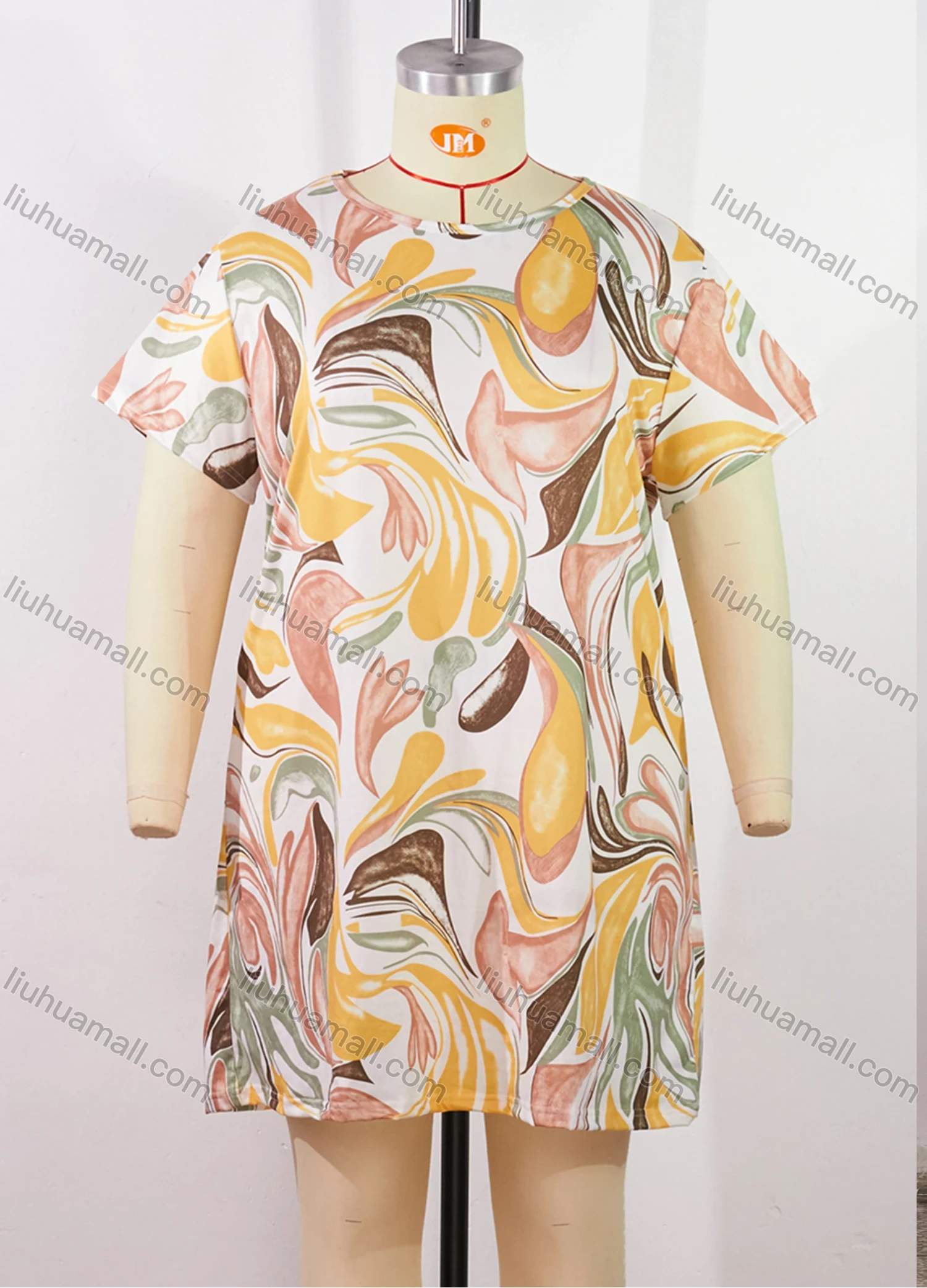 Wholesale Women's Comfy Milk Silk Abstract Print Short Sleeve Crew Neck Lounge Short Nightdress DM1308-07# - Liuhuamall