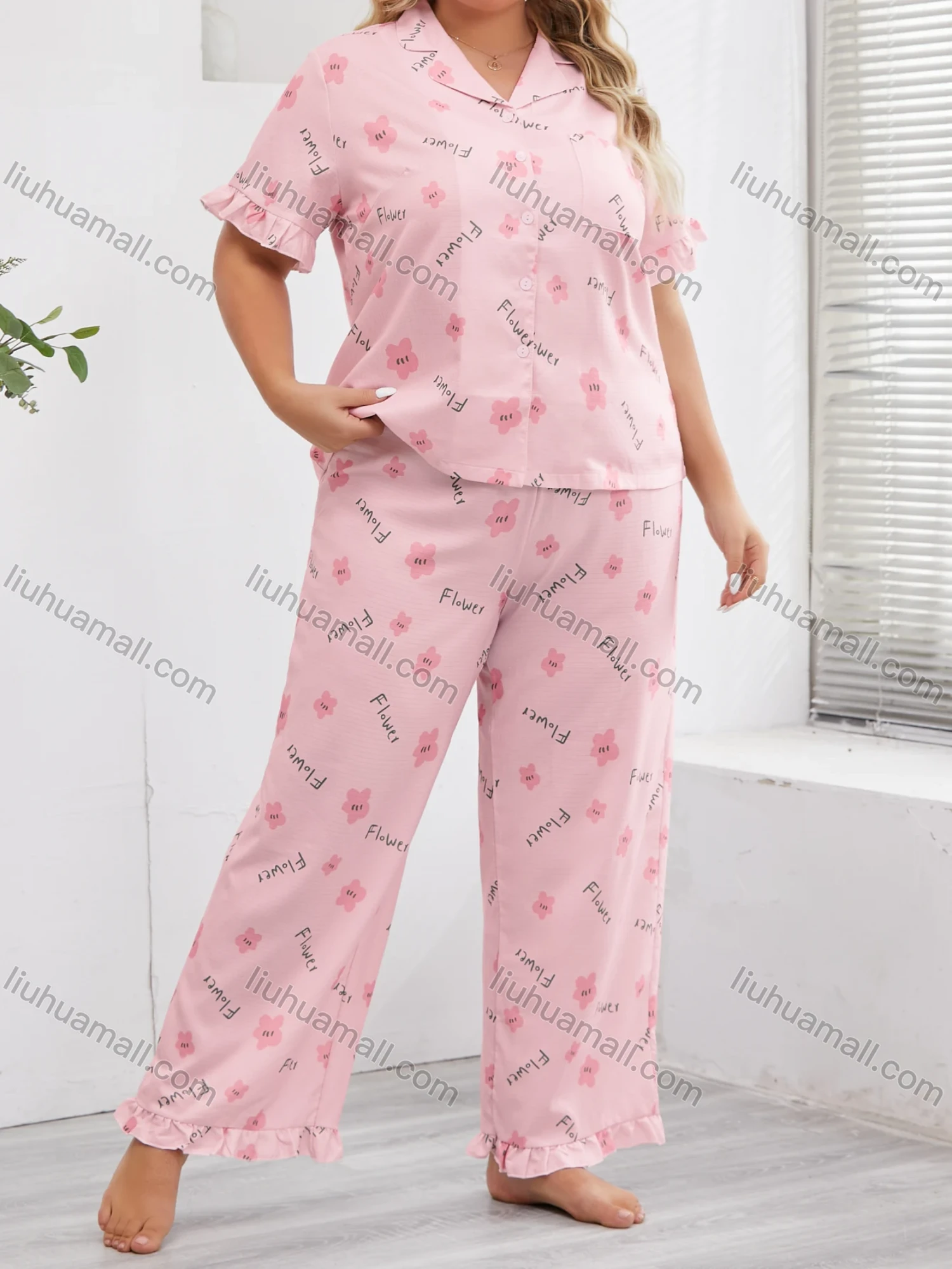 Wholesale Women's Lounge Lapel Floral Letter Print Button Down Pocket Ruffle Trim Short Sleeve Pajamas 2 Piece Set DM036-03# - Liuhuamall