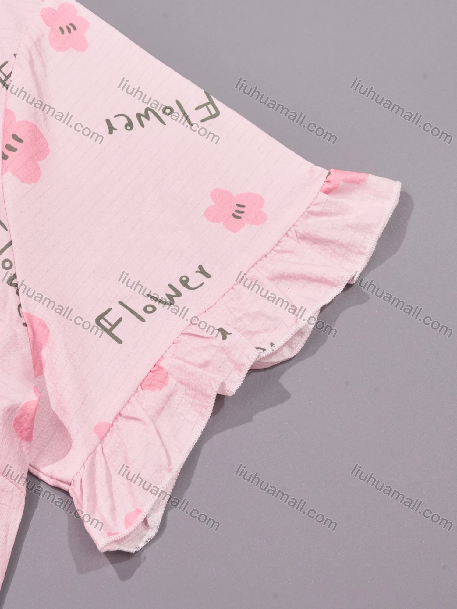 Wholesale Women's Lounge Lapel Floral Letter Print Button Down Pocket Ruffle Trim Short Sleeve Pajamas 2 Piece Set DM036-03# - Liuhuamall