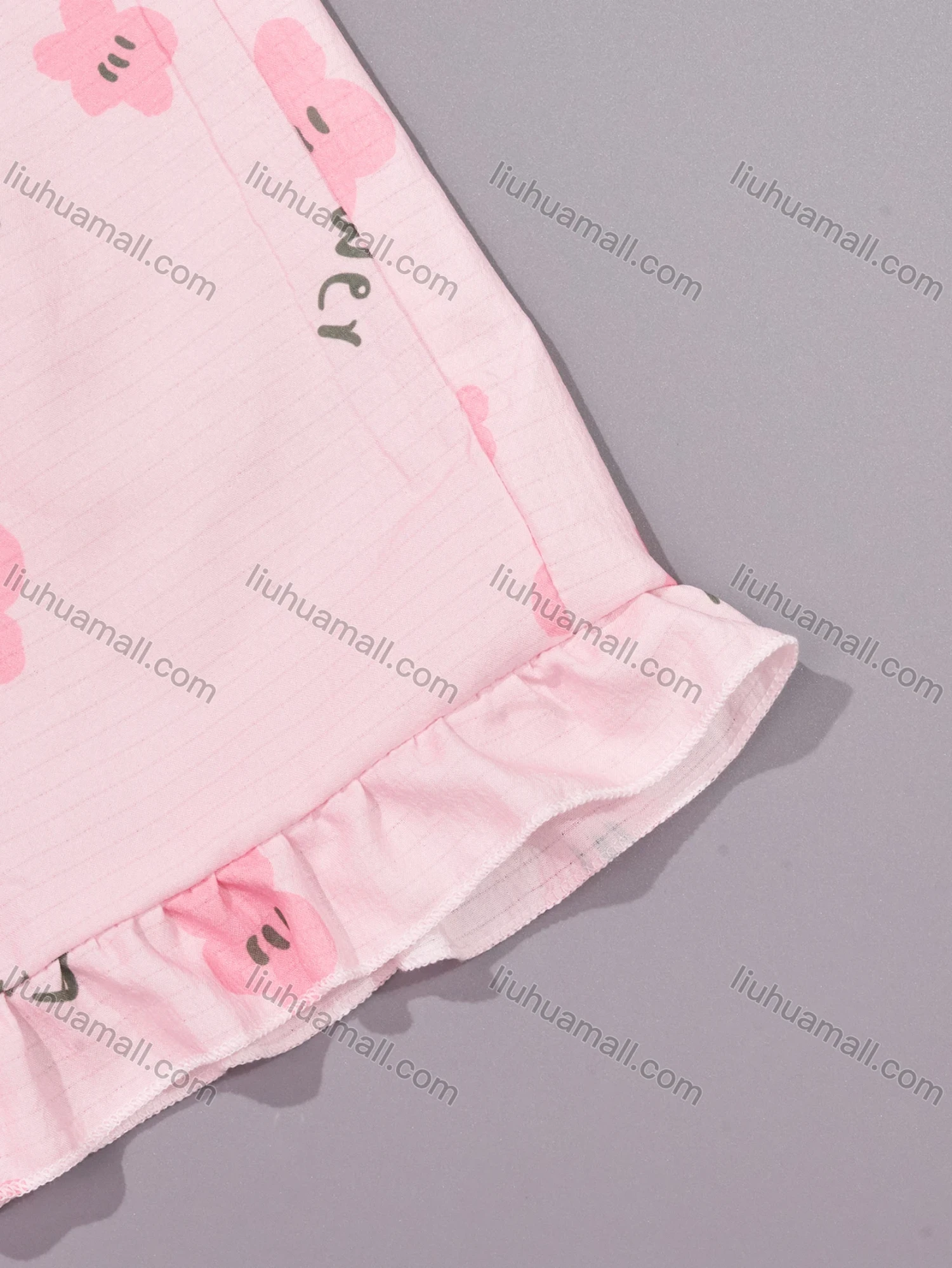 Wholesale Women's Lounge Lapel Floral Letter Print Button Down Pocket Ruffle Trim Short Sleeve Pajamas 2 Piece Set DM036-03# - Liuhuamall