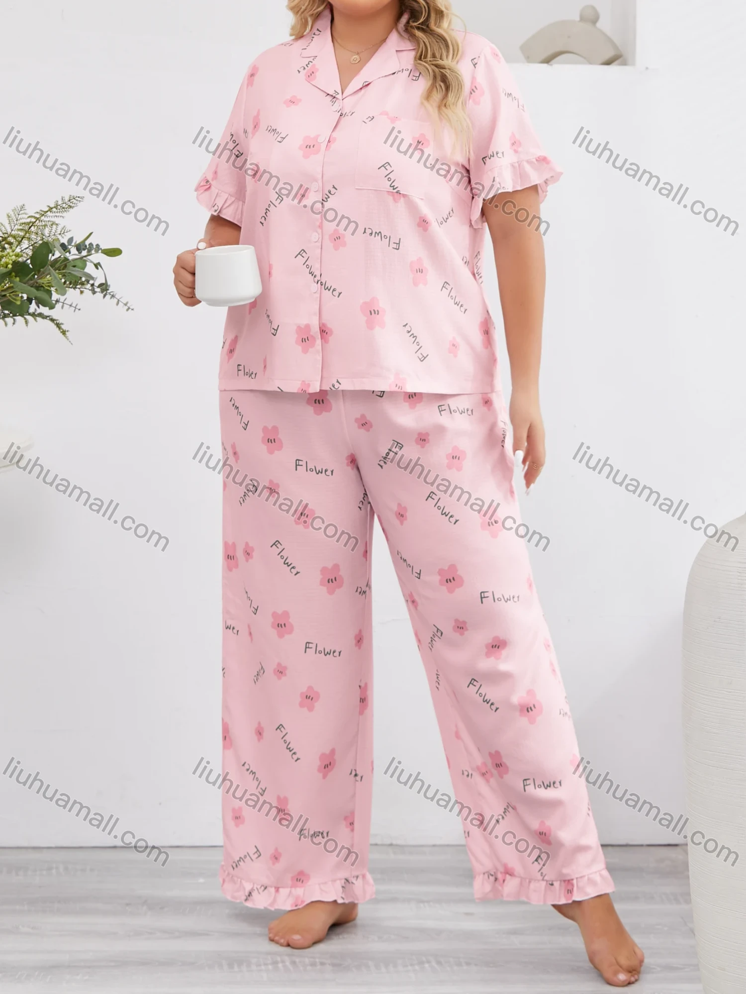 Wholesale Women's Lounge Lapel Floral Letter Print Button Down Pocket Ruffle Trim Short Sleeve Pajamas 2 Piece Set DM036-03# - Liuhuamall