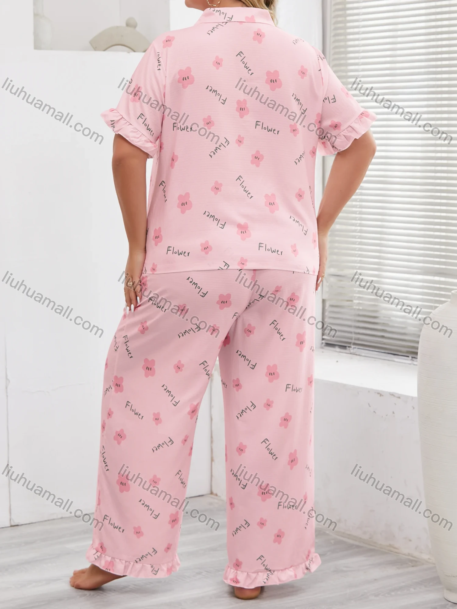 Wholesale Women's Lounge Lapel Floral Letter Print Button Down Pocket Ruffle Trim Short Sleeve Pajamas 2 Piece Set DM036-03# - Liuhuamall