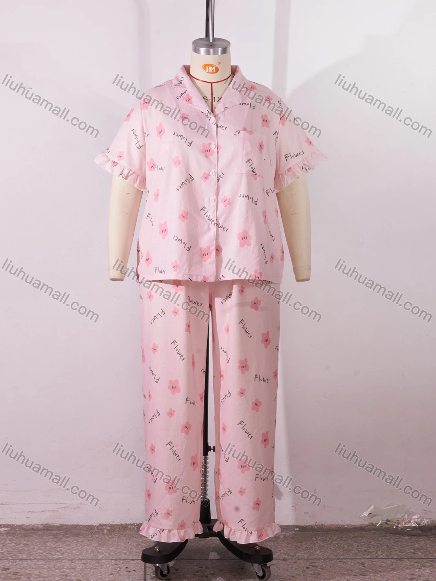 Wholesale Women's Lounge Lapel Floral Letter Print Button Down Pocket Ruffle Trim Short Sleeve Pajamas 2 Piece Set DM036-03# - Liuhuamall