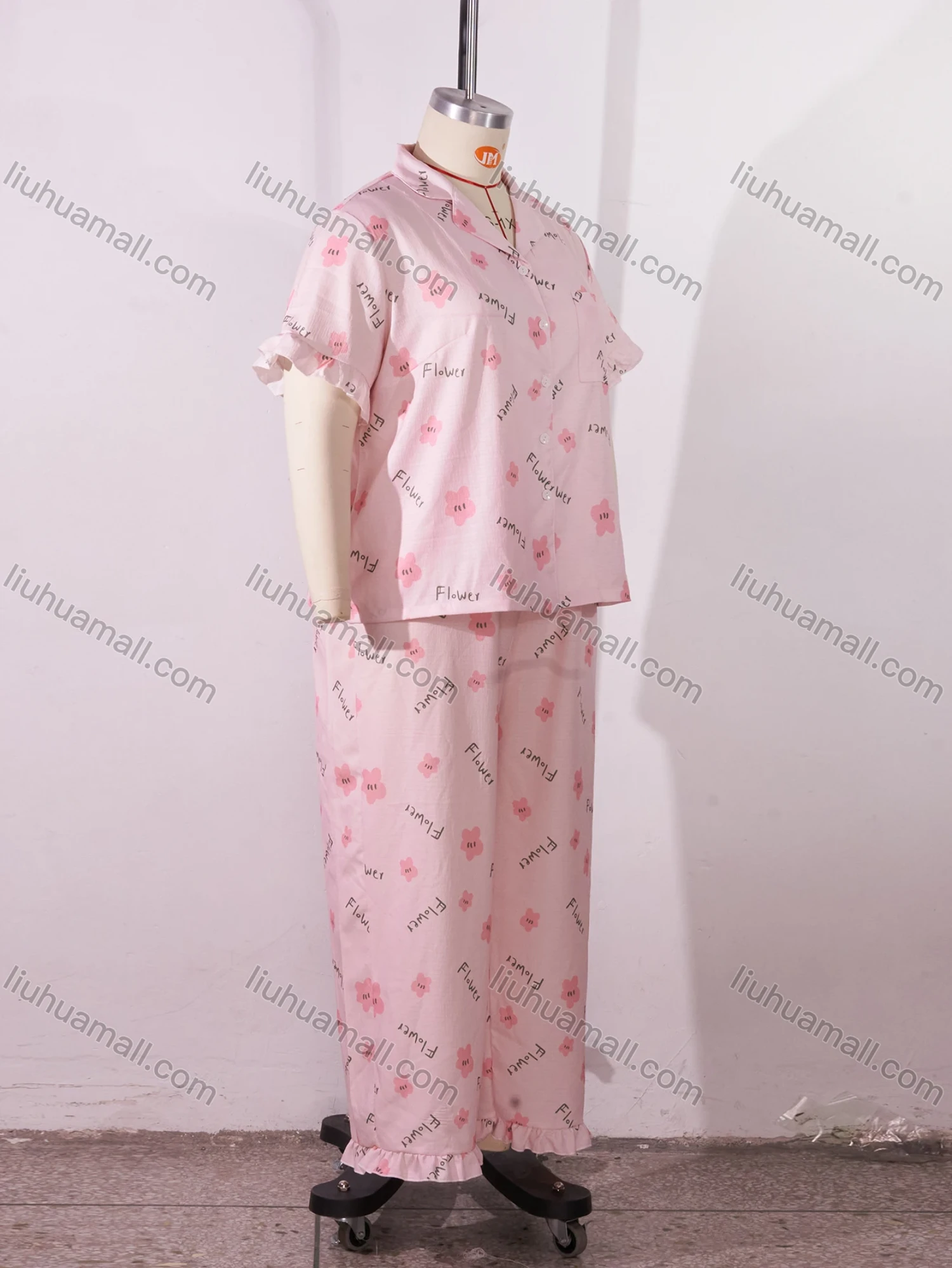 Wholesale Women's Lounge Lapel Floral Letter Print Button Down Pocket Ruffle Trim Short Sleeve Pajamas 2 Piece Set DM036-03# - Liuhuamall