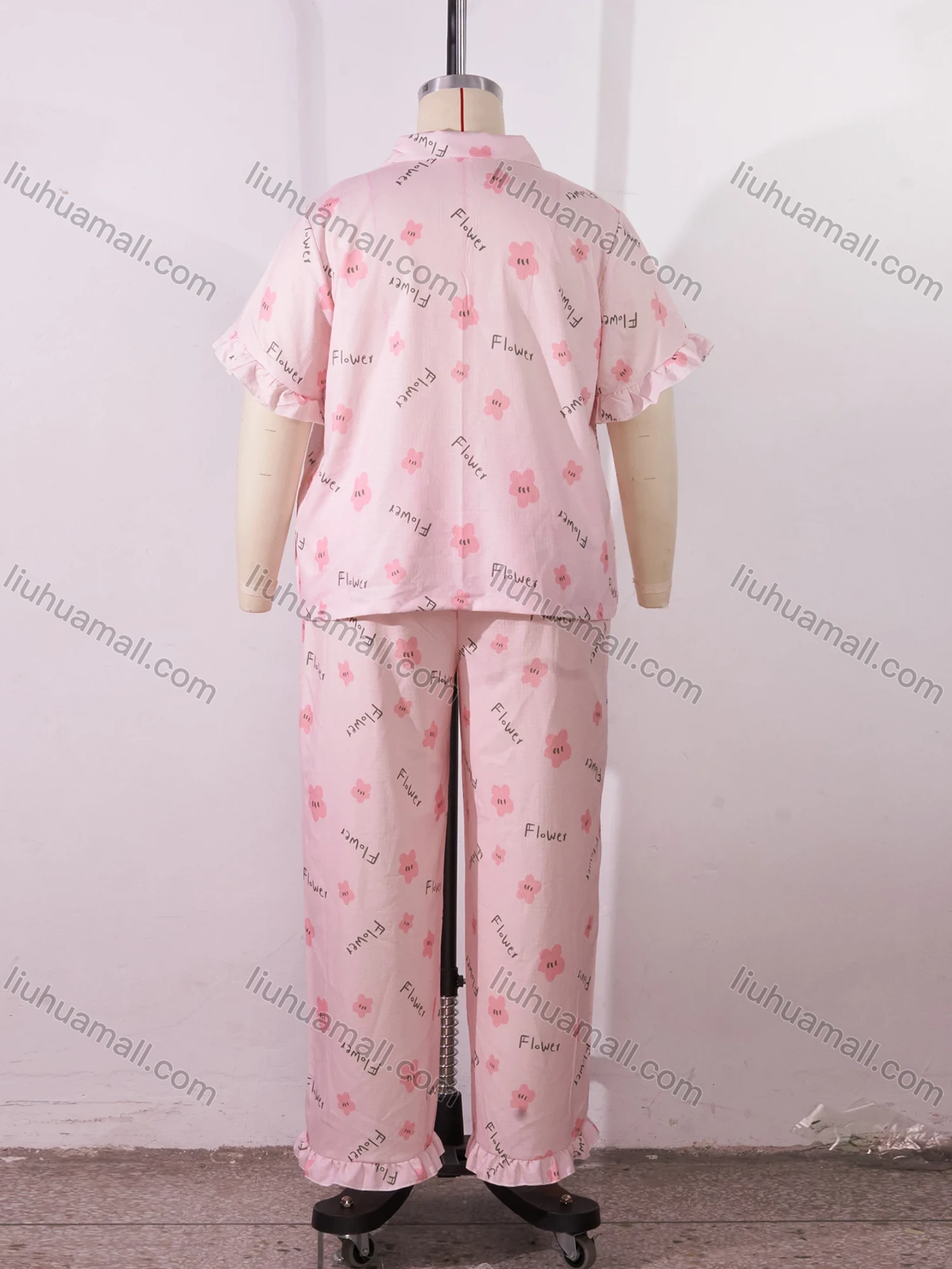 Wholesale Women's Lounge Lapel Floral Letter Print Button Down Pocket Ruffle Trim Short Sleeve Pajamas 2 Piece Set DM036-03# - Liuhuamall