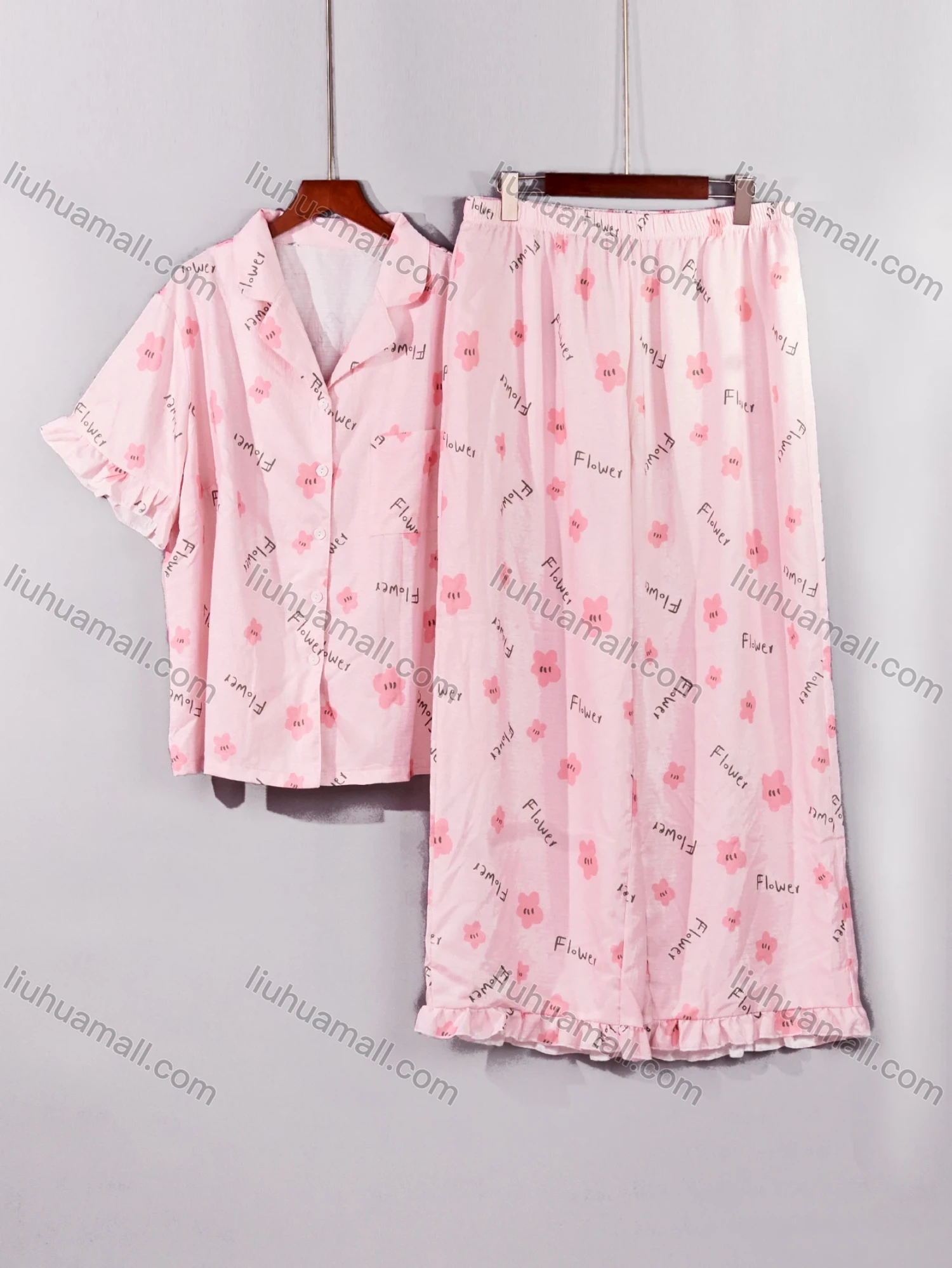 Wholesale Women's Lounge Lapel Floral Letter Print Button Down Pocket Ruffle Trim Short Sleeve Pajamas 2 Piece Set DM036-03# - Liuhuamall