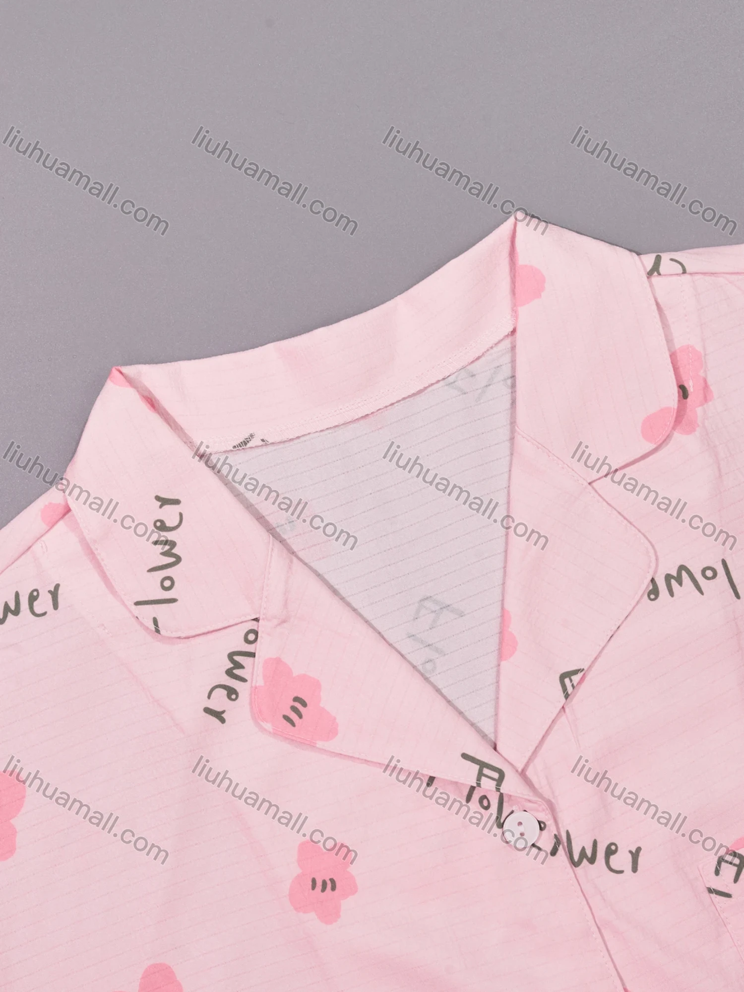Wholesale Women's Lounge Lapel Floral Letter Print Button Down Pocket Ruffle Trim Short Sleeve Pajamas 2 Piece Set DM036-03# - Liuhuamall