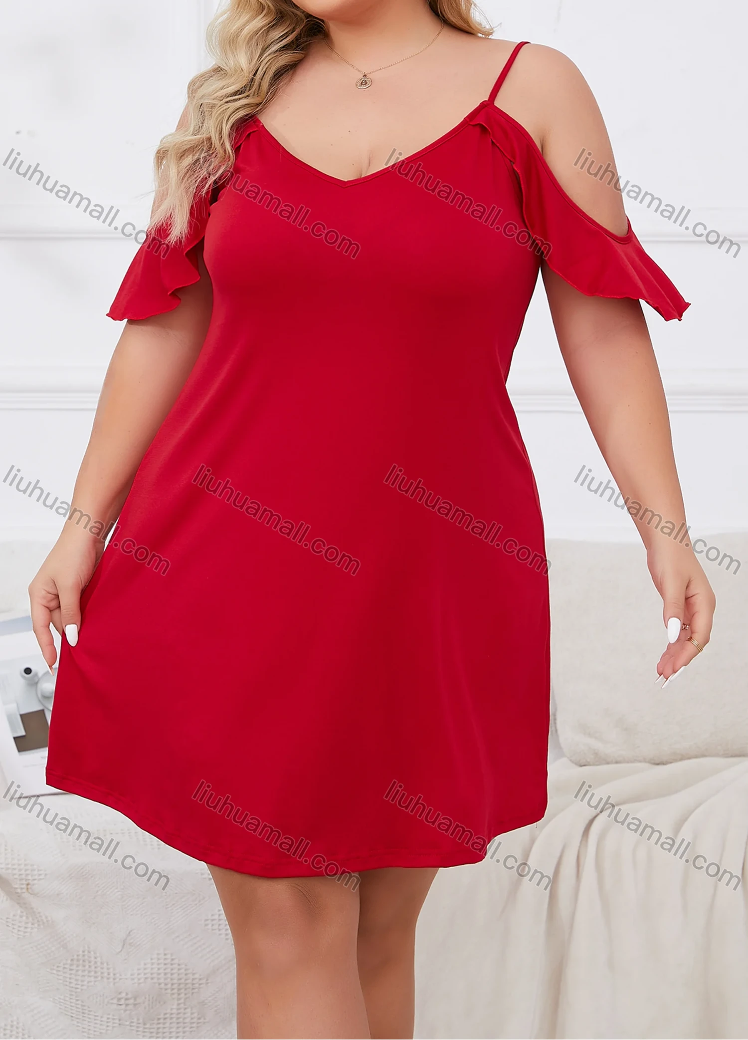 Wholesale Women's Milk Silk Plain Cold Shoulder Ruffle Trim Lounge Short Nightdress DM116# - Liuhuamall