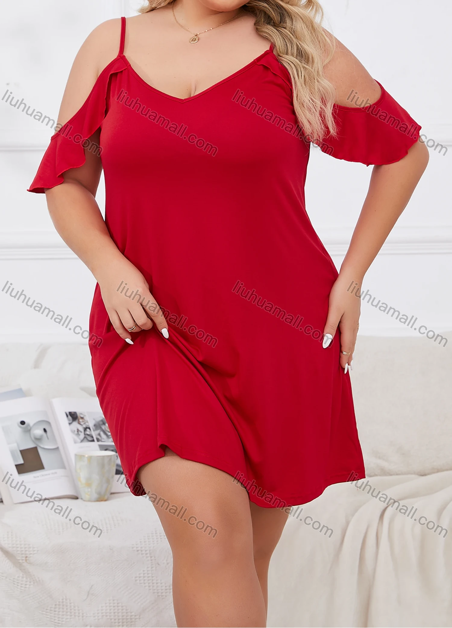 Wholesale Women's Milk Silk Plain Cold Shoulder Ruffle Trim Lounge Short Nightdress DM116# - Liuhuamall