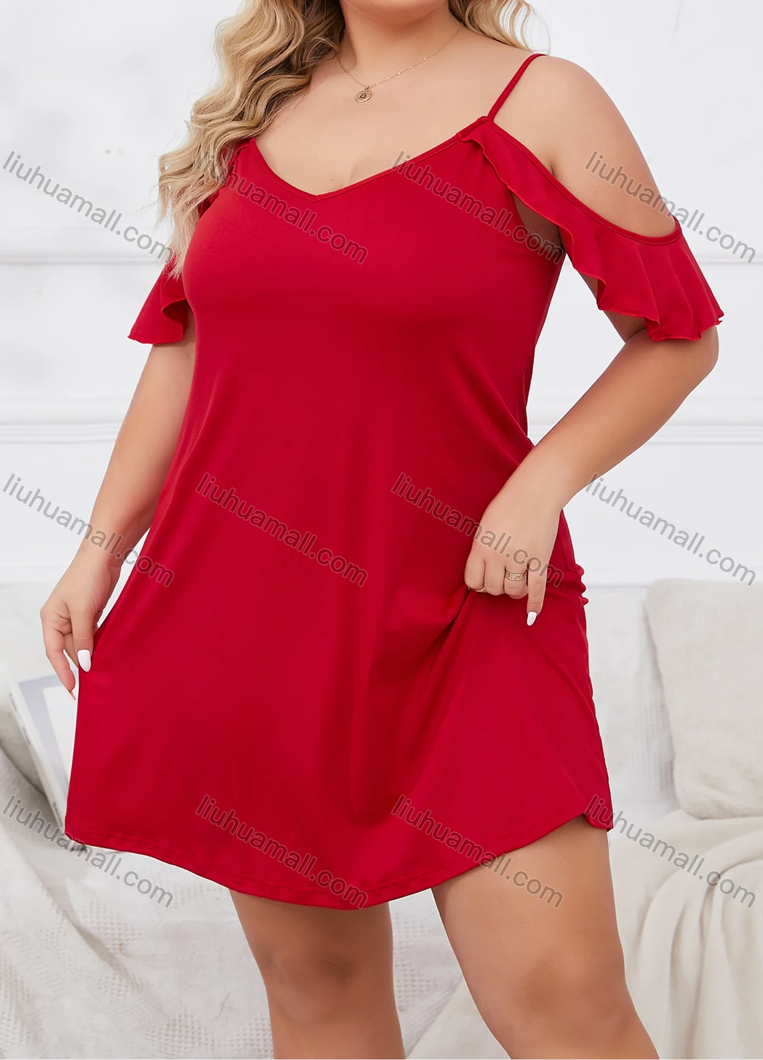 Wholesale Women's Milk Silk Plain Cold Shoulder Ruffle Trim Lounge Short Nightdress DM116# - Liuhuamall
