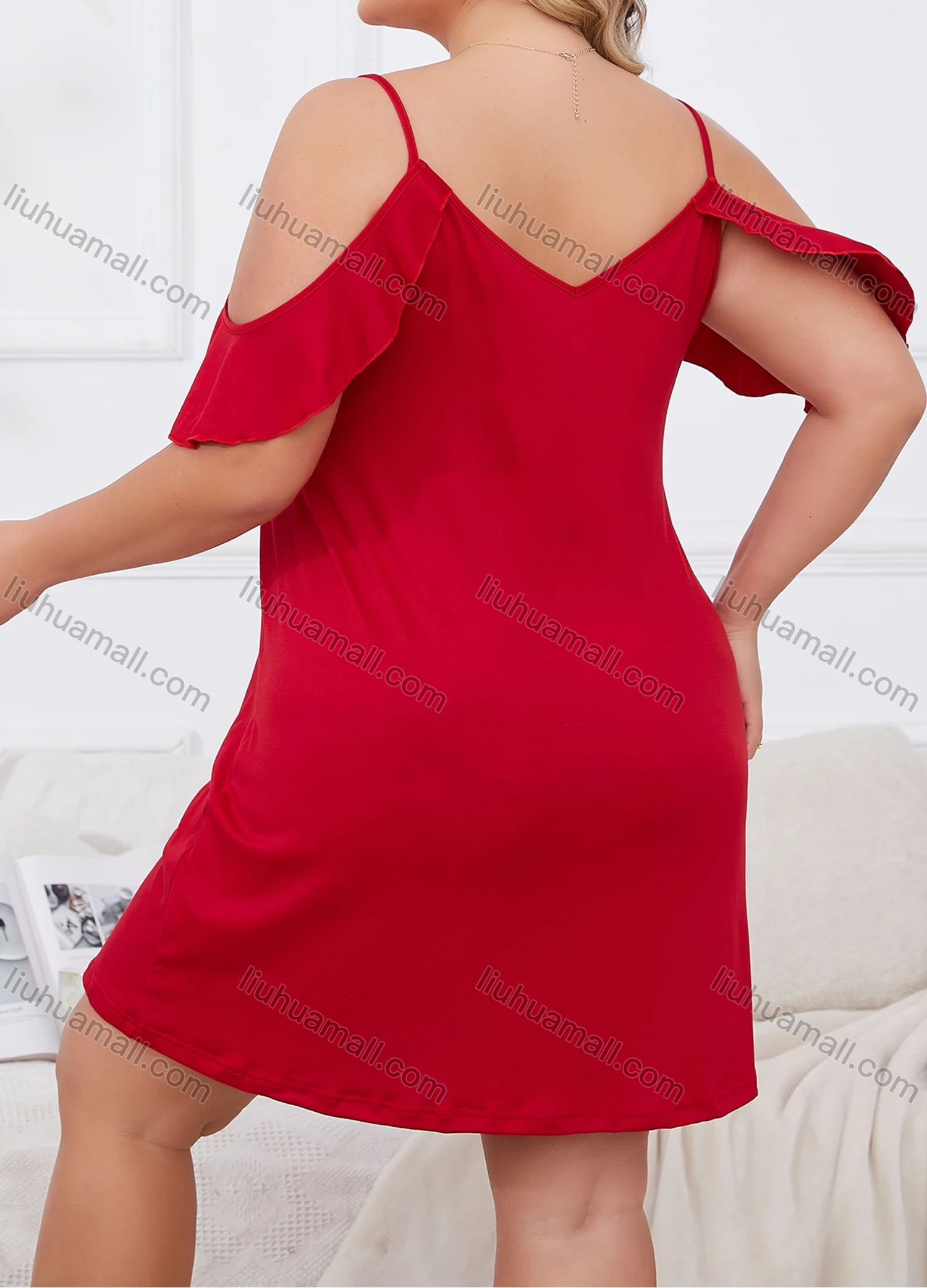 Wholesale Women's Milk Silk Plain Cold Shoulder Ruffle Trim Lounge Short Nightdress DM116# - Liuhuamall