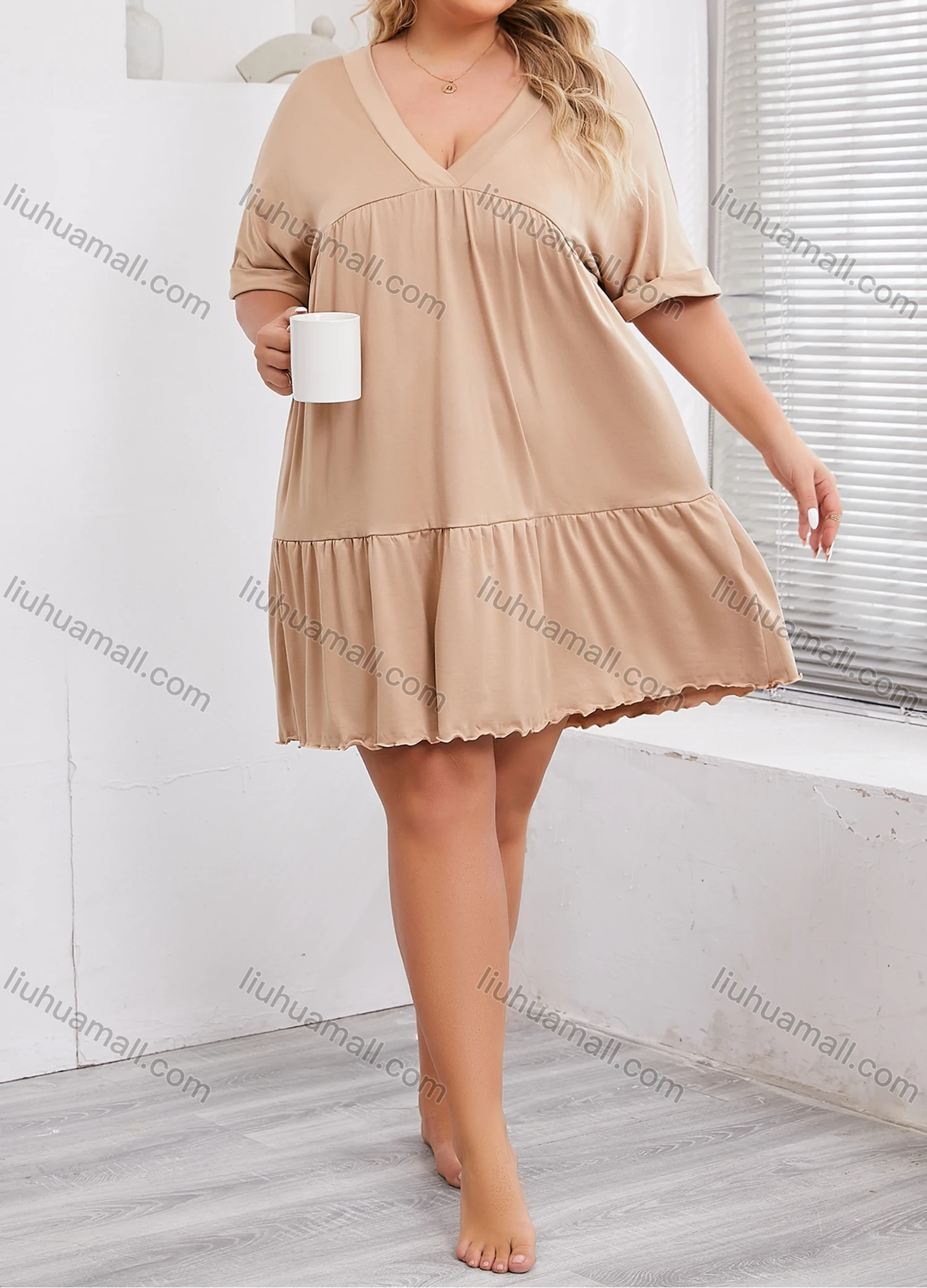 Wholesale Women's Lounge Milk Silk Plain V Neck Short Sleeve Ruched Lettuce Trim Ruffle Hem Short Nightdress DM1320# - Liuhuamall