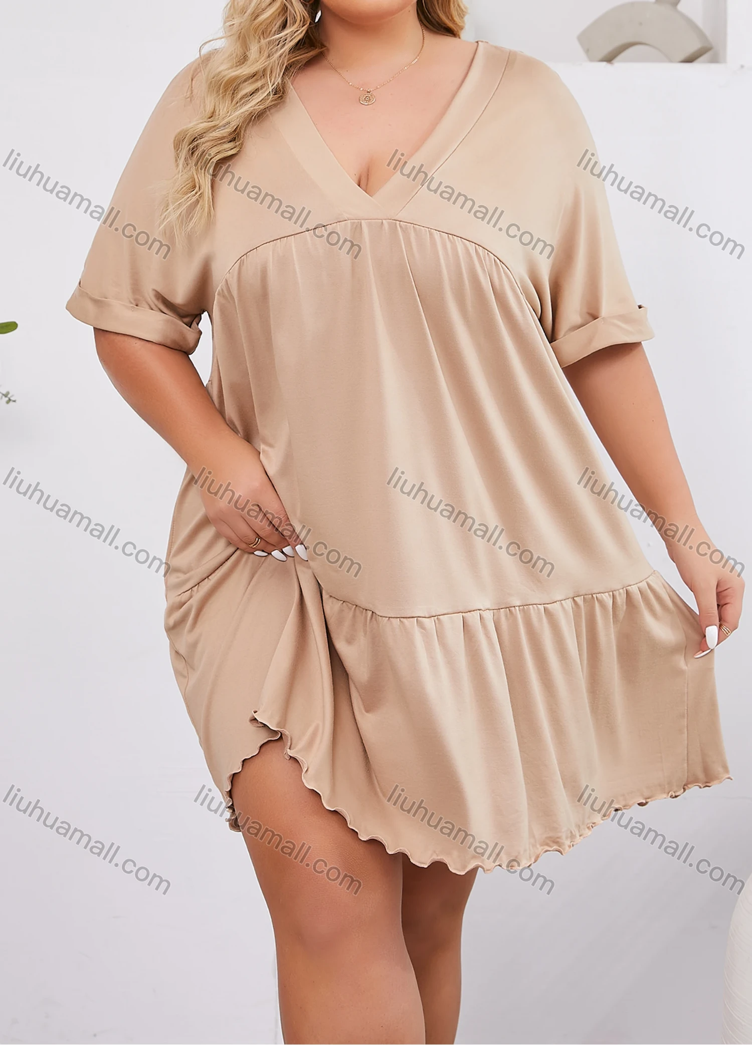 Wholesale Women's Lounge Milk Silk Plain V Neck Short Sleeve Ruched Lettuce Trim Ruffle Hem Short Nightdress DM1320# - Liuhuamall