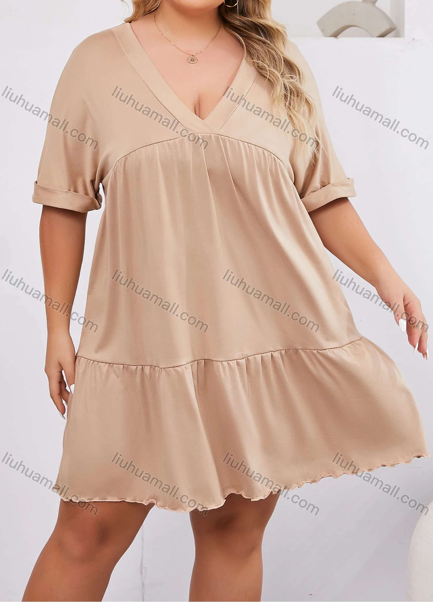 Wholesale Women's Lounge Milk Silk Plain V Neck Short Sleeve Ruched Lettuce Trim Ruffle Hem Short Nightdress DM1320# - Liuhuamall