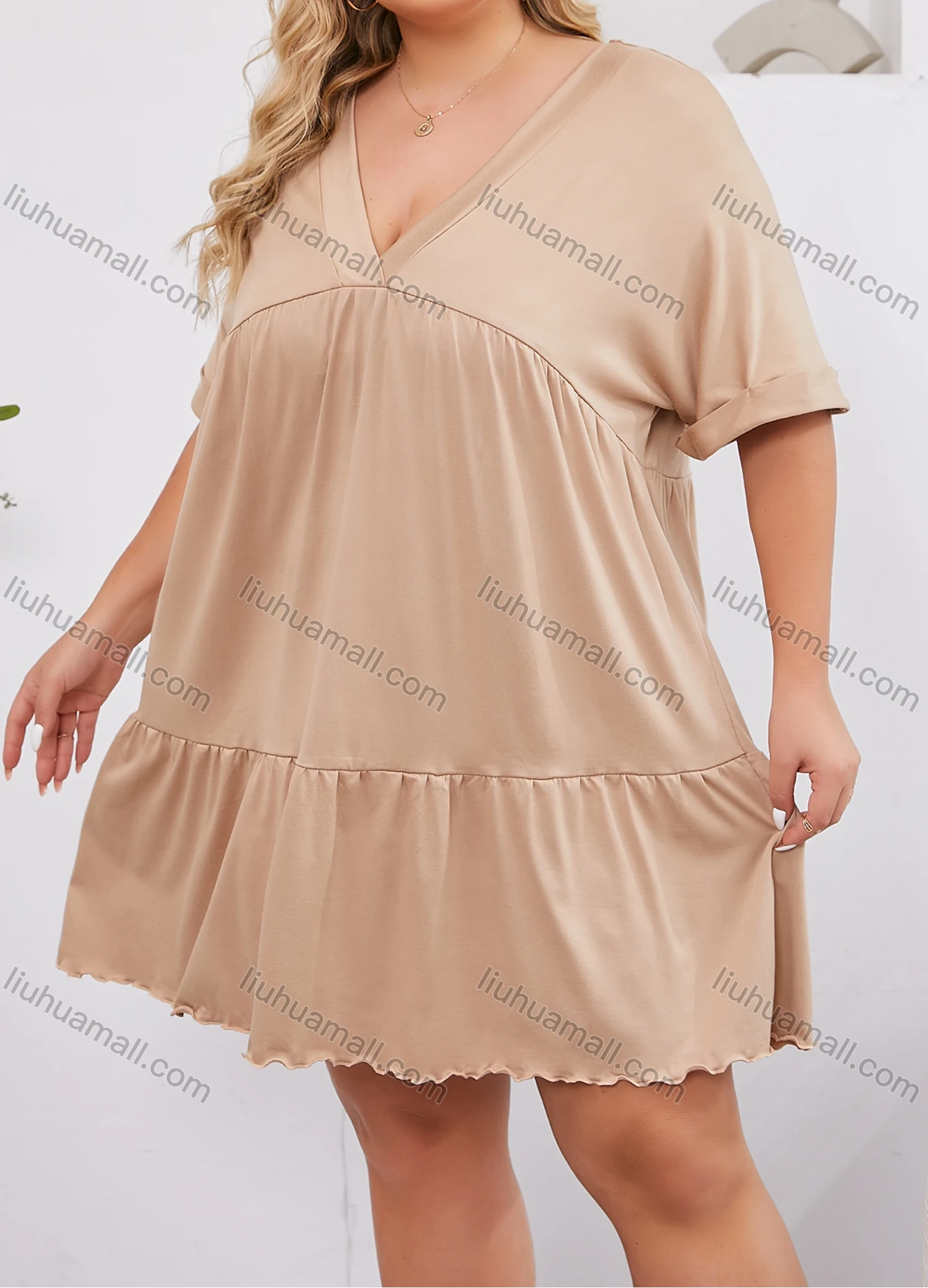 Wholesale Women's Lounge Milk Silk Plain V Neck Short Sleeve Ruched Lettuce Trim Ruffle Hem Short Nightdress DM1320# - Liuhuamall
