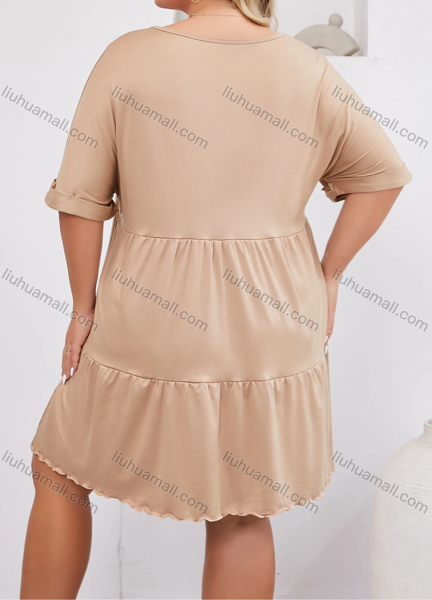 Wholesale Women's Lounge Milk Silk Plain V Neck Short Sleeve Ruched Lettuce Trim Ruffle Hem Short Nightdress DM1320# - Liuhuamall