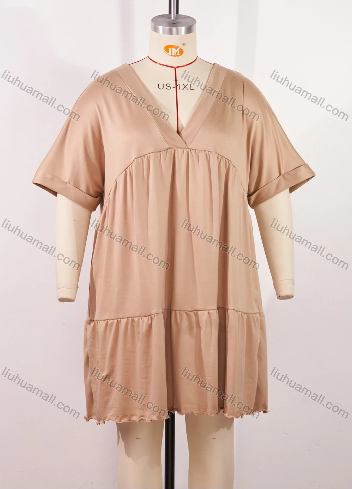 Wholesale Women's Lounge Milk Silk Plain V Neck Short Sleeve Ruched Lettuce Trim Ruffle Hem Short Nightdress DM1320# - Liuhuamall