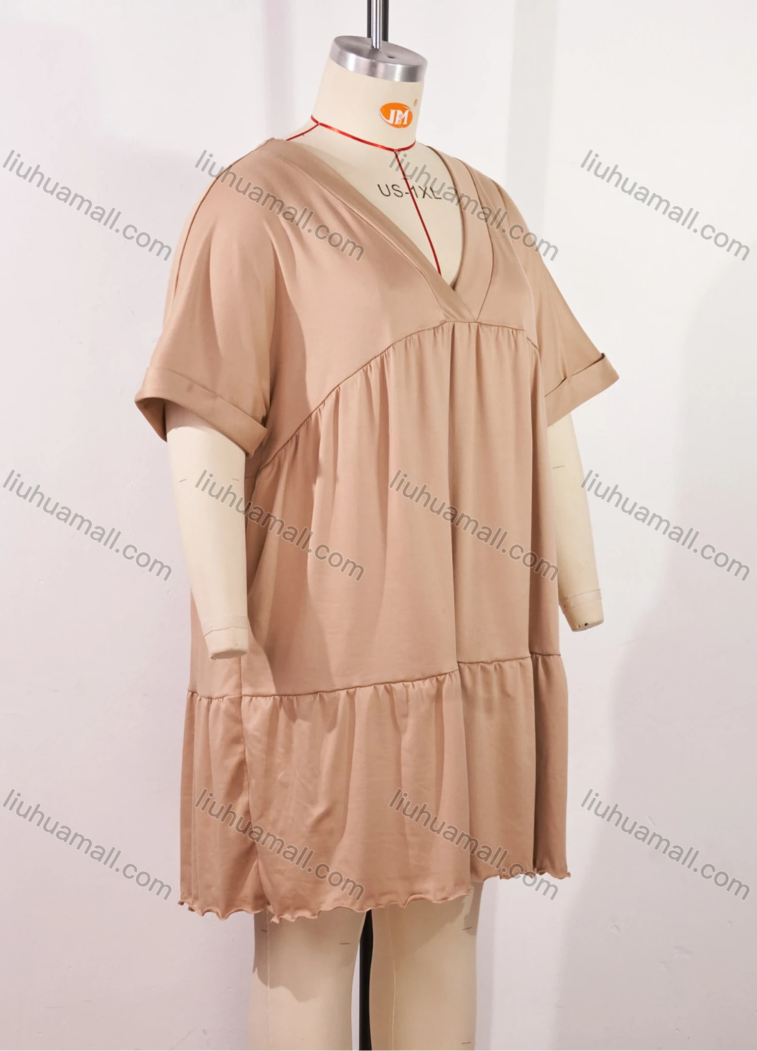 Wholesale Women's Lounge Milk Silk Plain V Neck Short Sleeve Ruched Lettuce Trim Ruffle Hem Short Nightdress DM1320# - Liuhuamall