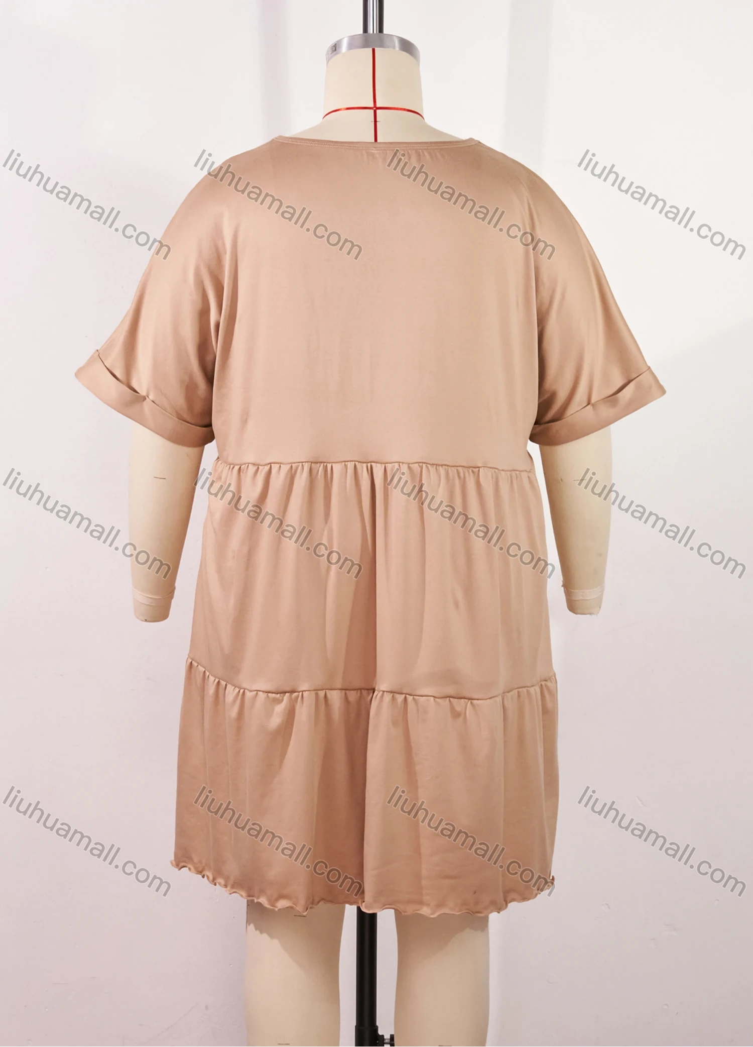 Wholesale Women's Lounge Milk Silk Plain V Neck Short Sleeve Ruched Lettuce Trim Ruffle Hem Short Nightdress DM1320# - Liuhuamall