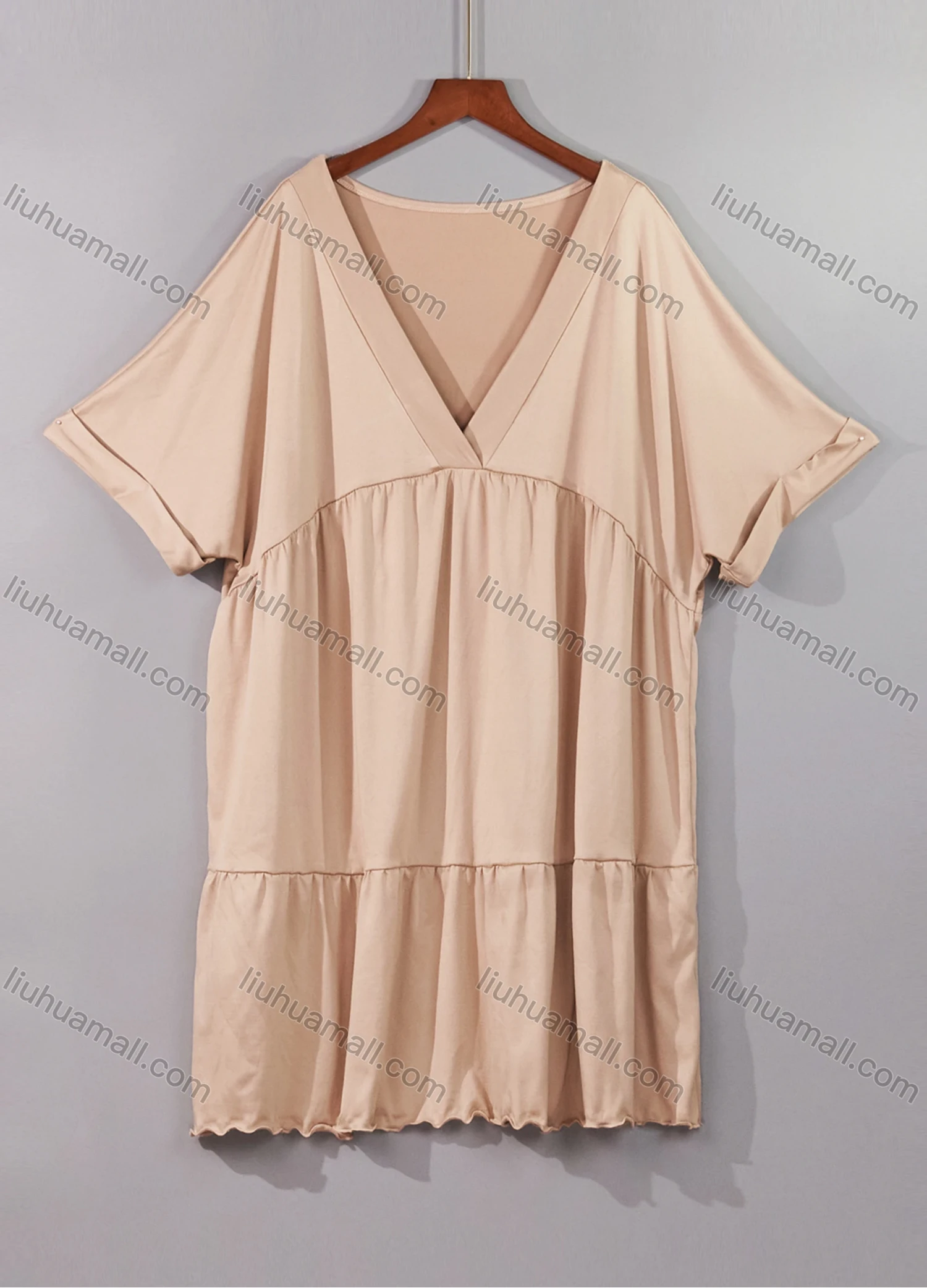 Wholesale Women's Lounge Milk Silk Plain V Neck Short Sleeve Ruched Lettuce Trim Ruffle Hem Short Nightdress DM1320# - Liuhuamall