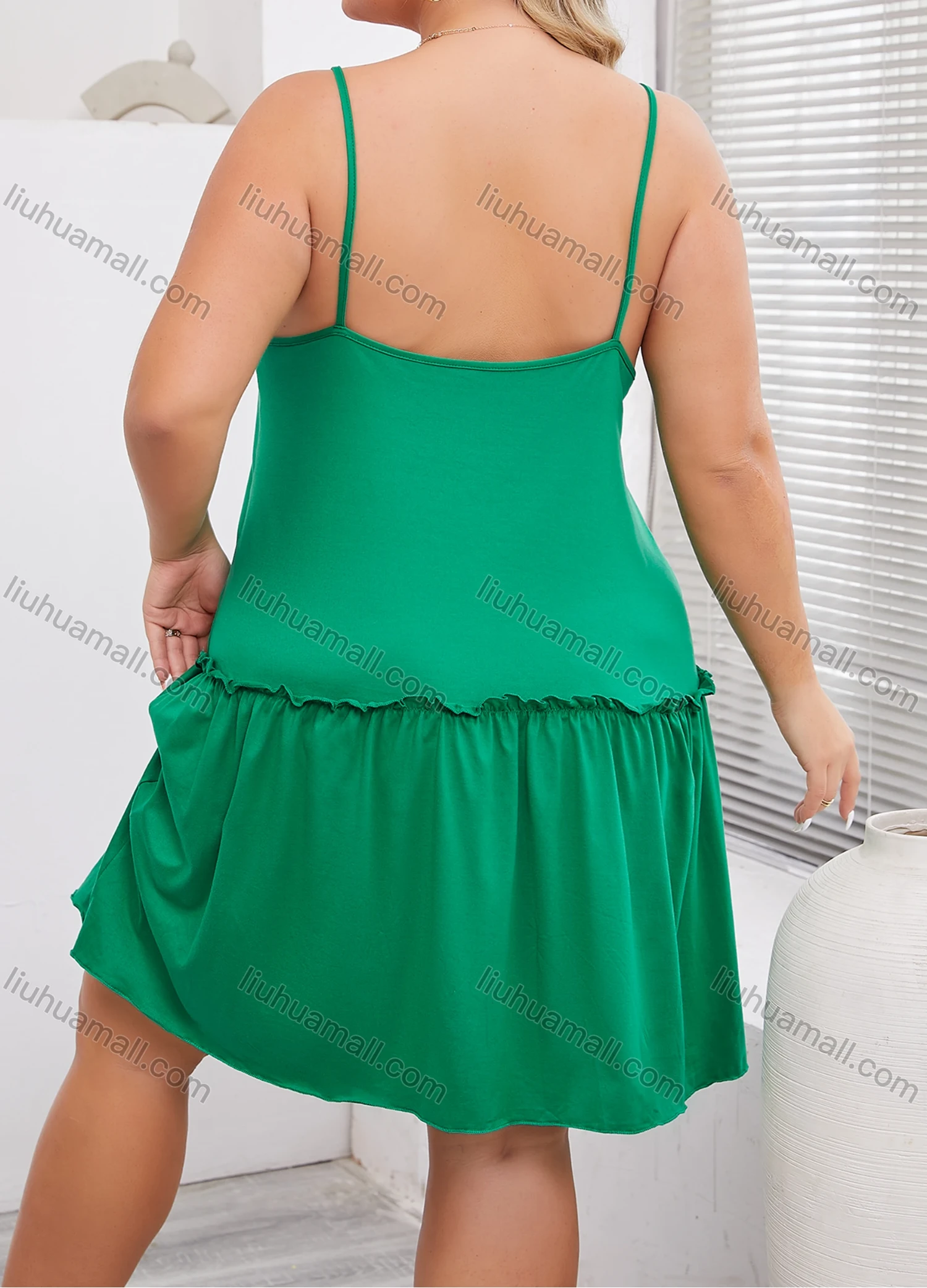 Wholesale Women's Milk Silk Plain Spaghetti Strap Ruched Ruffle Trim Hem Cami Lounge Nightdress DM114# - Liuhuamall