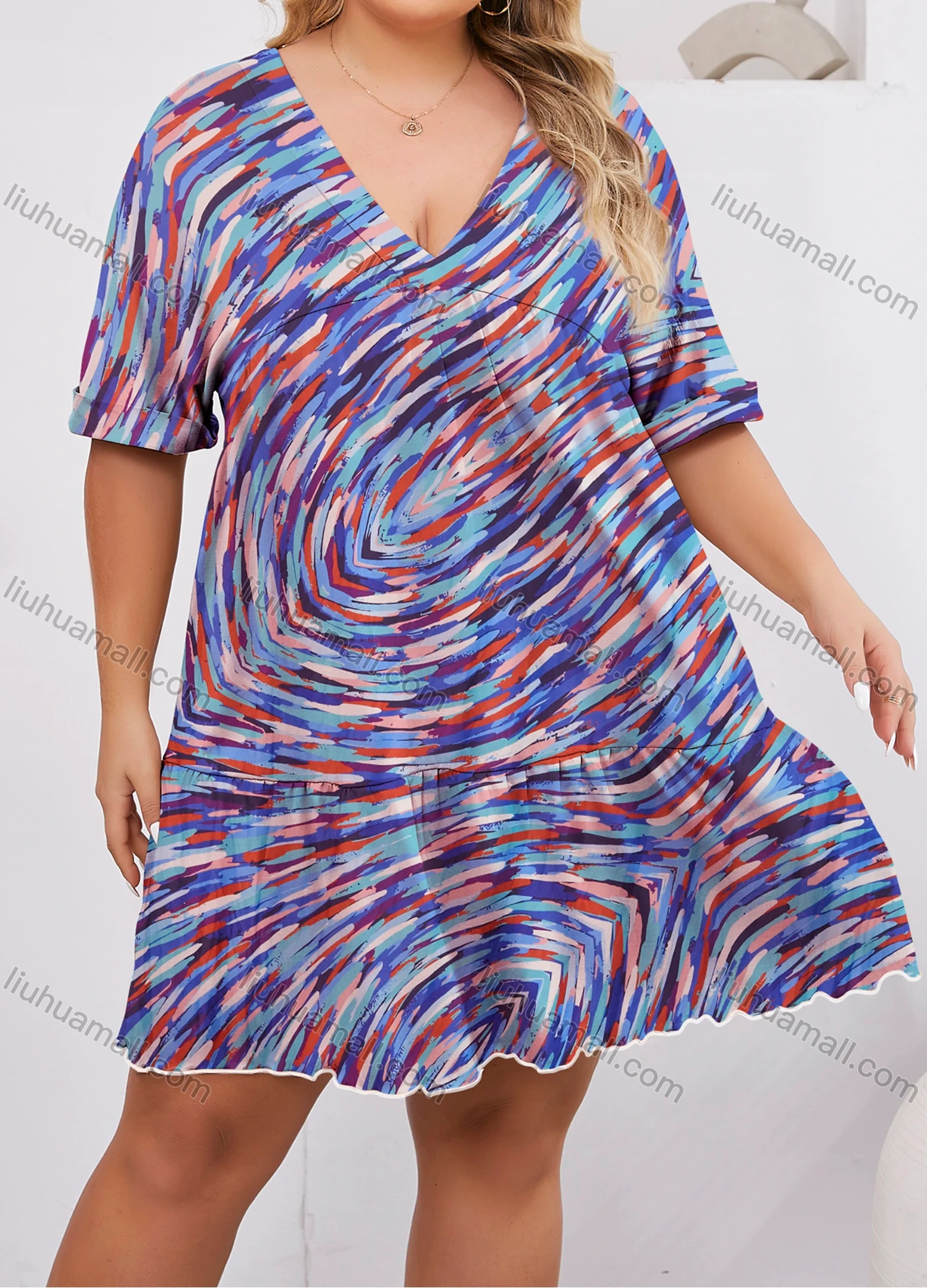 Wholesale Women's Lounge Milk Silk Space Dye V Neck Short Sleeve Ruched Lettuce Trim Short Nightdress DM1320-01# - Liuhuamall