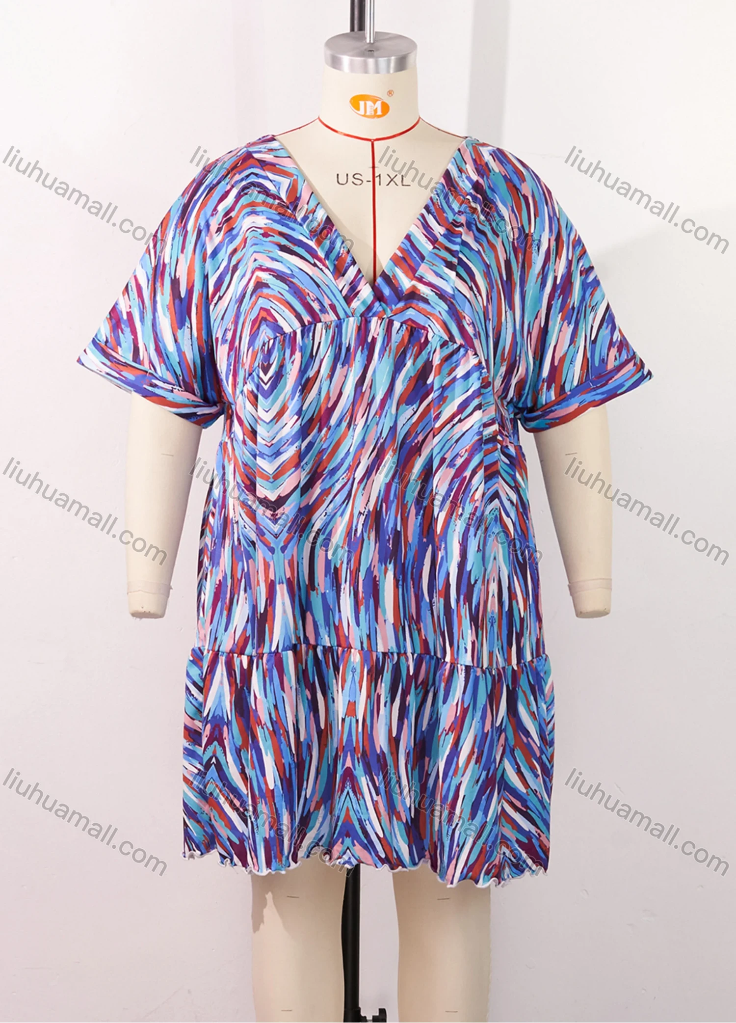 Wholesale Women's Lounge Milk Silk Space Dye V Neck Short Sleeve Ruched Lettuce Trim Short Nightdress DM1320-01# - Liuhuamall