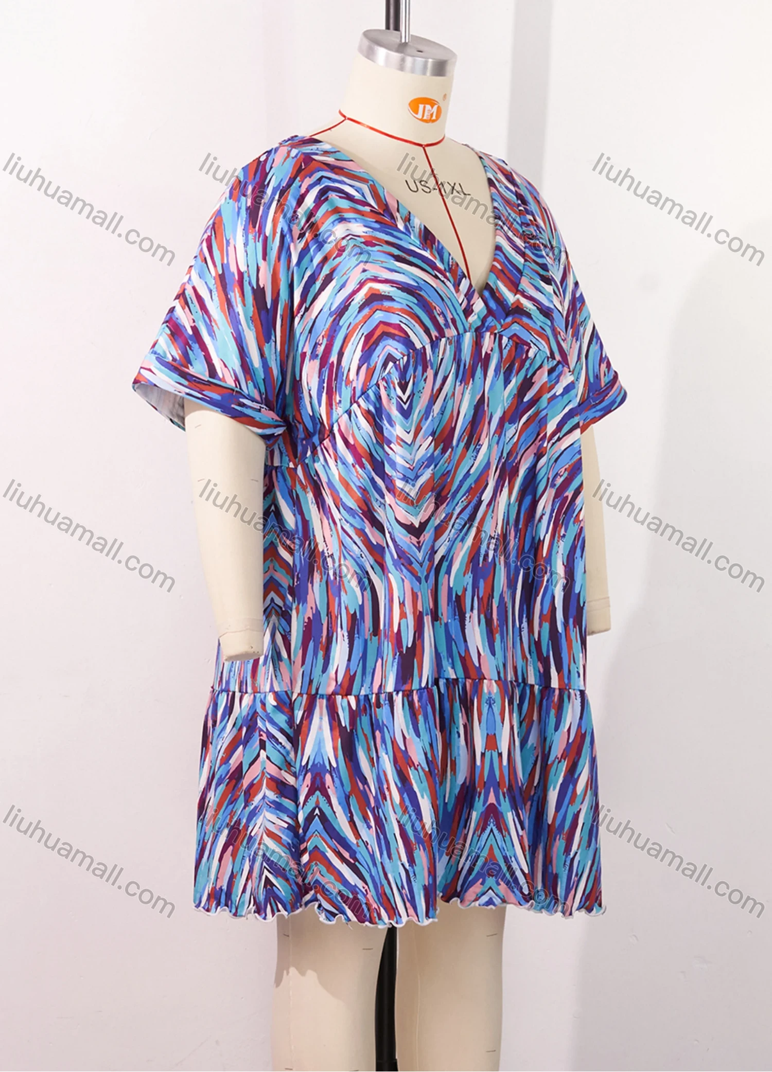 Wholesale Women's Lounge Milk Silk Space Dye V Neck Short Sleeve Ruched Lettuce Trim Short Nightdress DM1320-01# - Liuhuamall