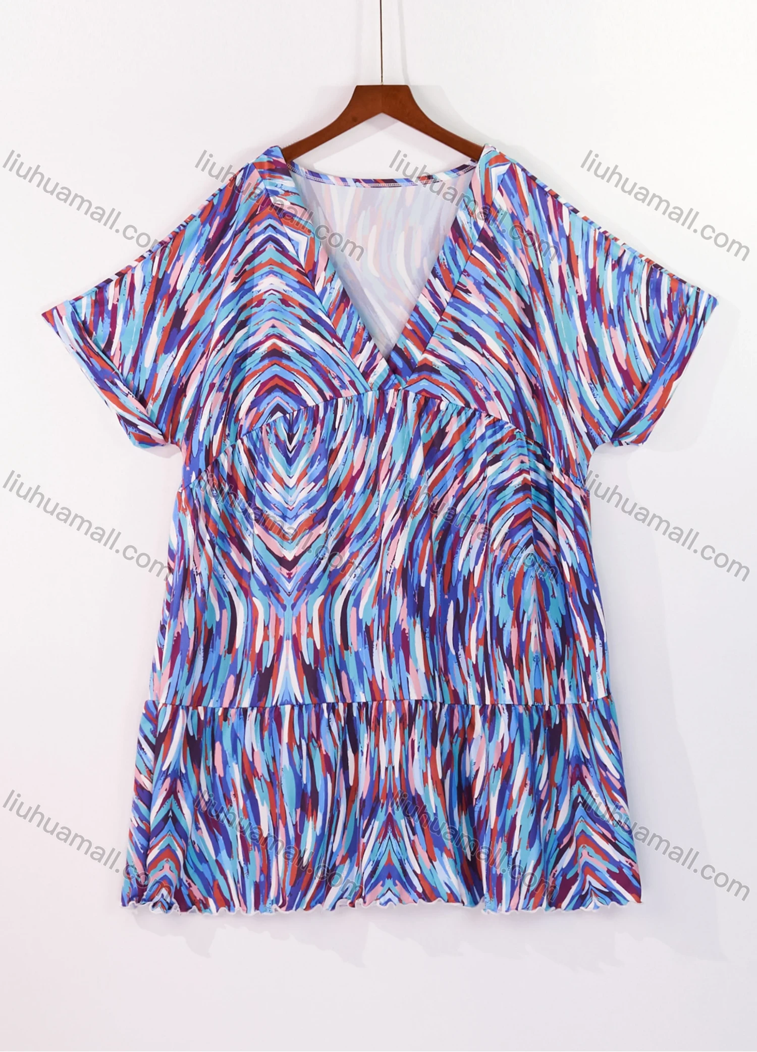 Wholesale Women's Lounge Milk Silk Space Dye V Neck Short Sleeve Ruched Lettuce Trim Short Nightdress DM1320-01# - Liuhuamall