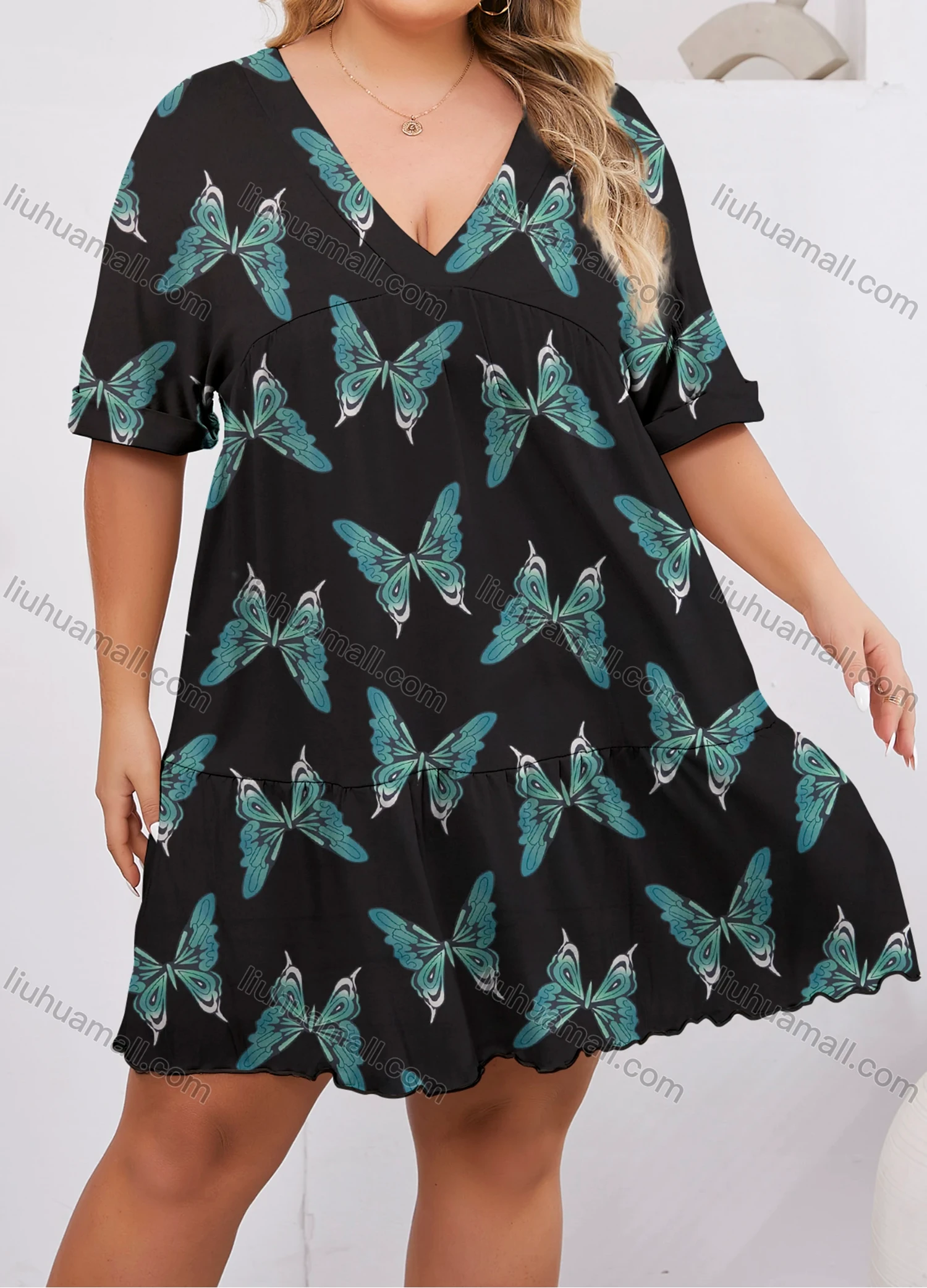 Wholesale Women's Lounge Milk Silk Butterfly V Neck Short Sleeve Ruched Lettuce Trim Ruffle Hem Short Nightdress DM1320-02# - Liuhuamall