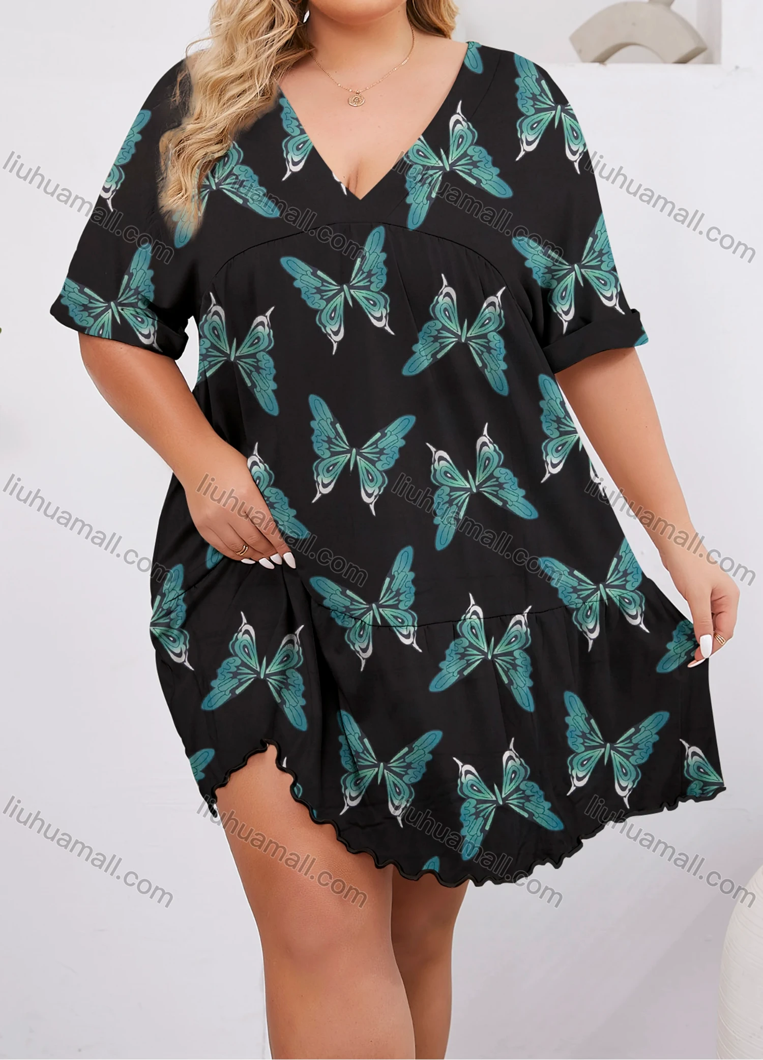 Wholesale Women's Lounge Milk Silk Butterfly V Neck Short Sleeve Ruched Lettuce Trim Ruffle Hem Short Nightdress DM1320-02# - Liuhuamall