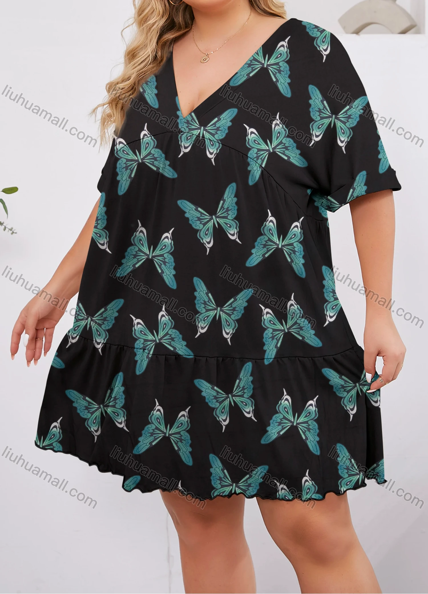Wholesale Women's Lounge Milk Silk Butterfly V Neck Short Sleeve Ruched Lettuce Trim Ruffle Hem Short Nightdress DM1320-02# - Liuhuamall