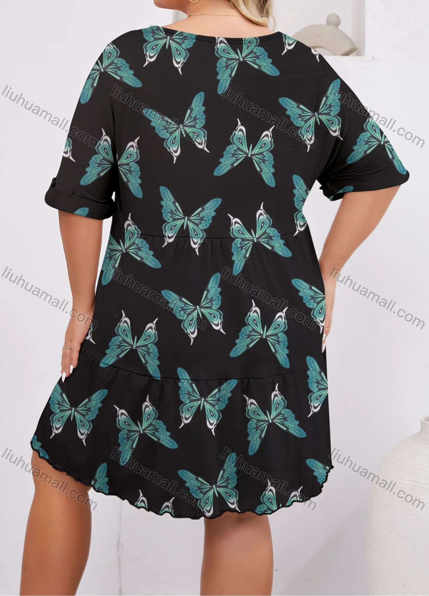 Wholesale Women's Lounge Milk Silk Butterfly V Neck Short Sleeve Ruched Lettuce Trim Ruffle Hem Short Nightdress DM1320-02# - Liuhuamall